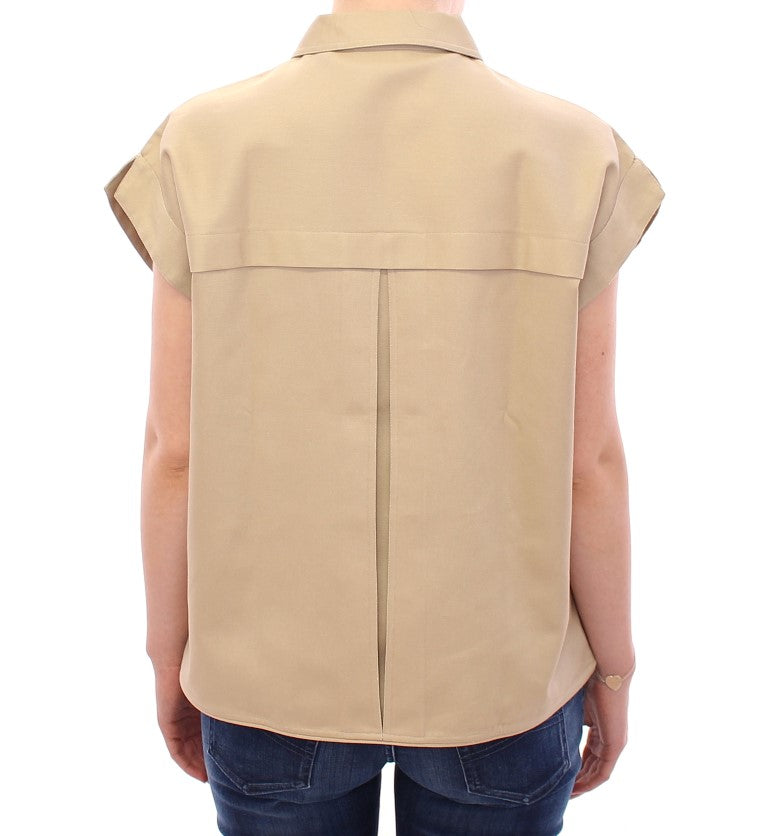 Sleeveless Beige Cotton Tank Top with Brooches - ventzia