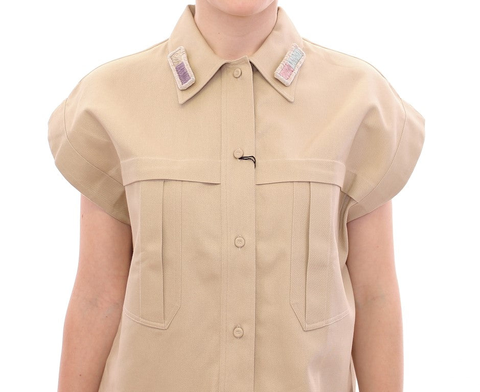Sleeveless Beige Cotton Tank Top with Brooches - ventzia
