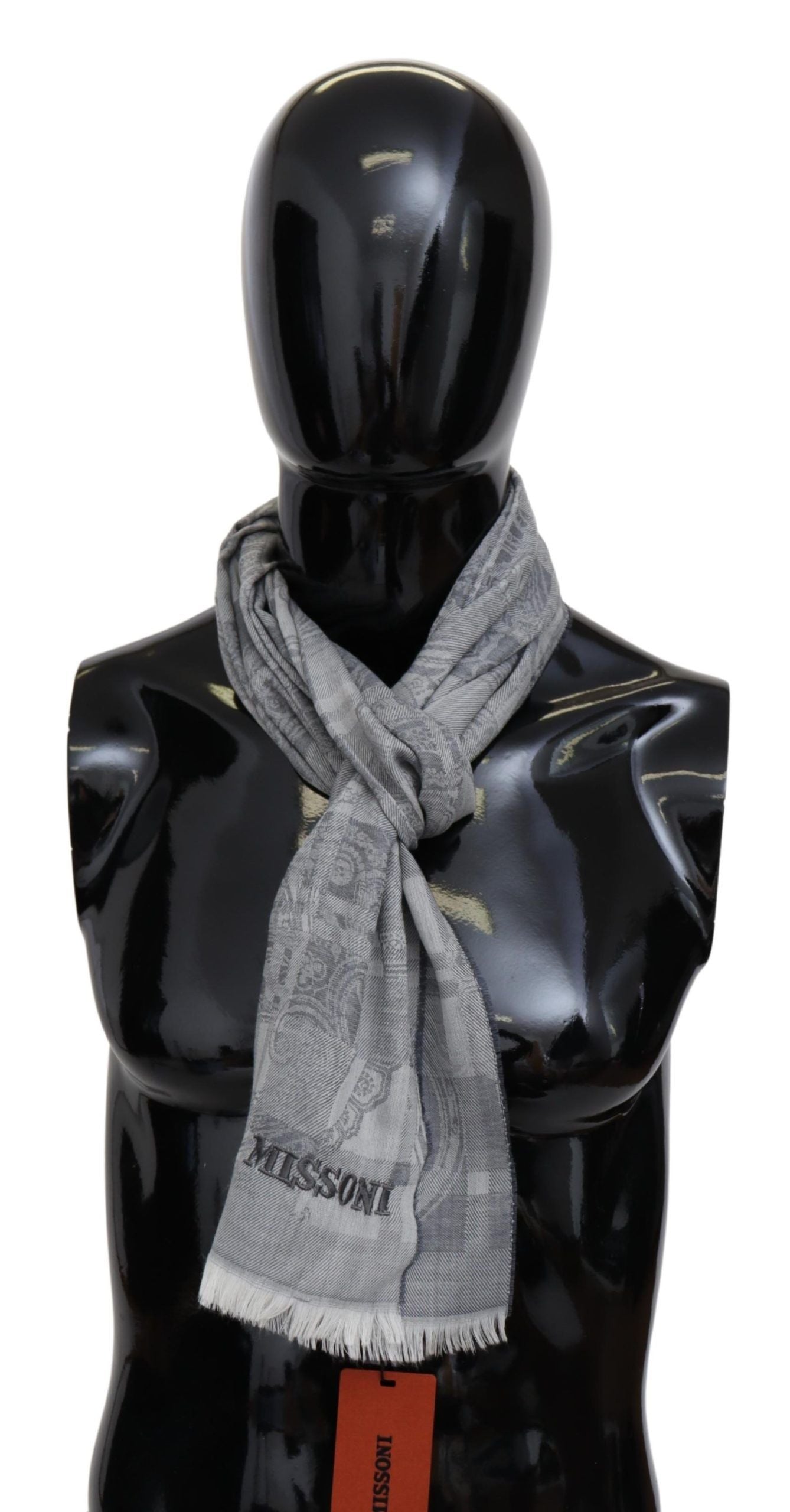 Chic Unisex Gray Wool Scarf with Logo Embroidery - ventzia