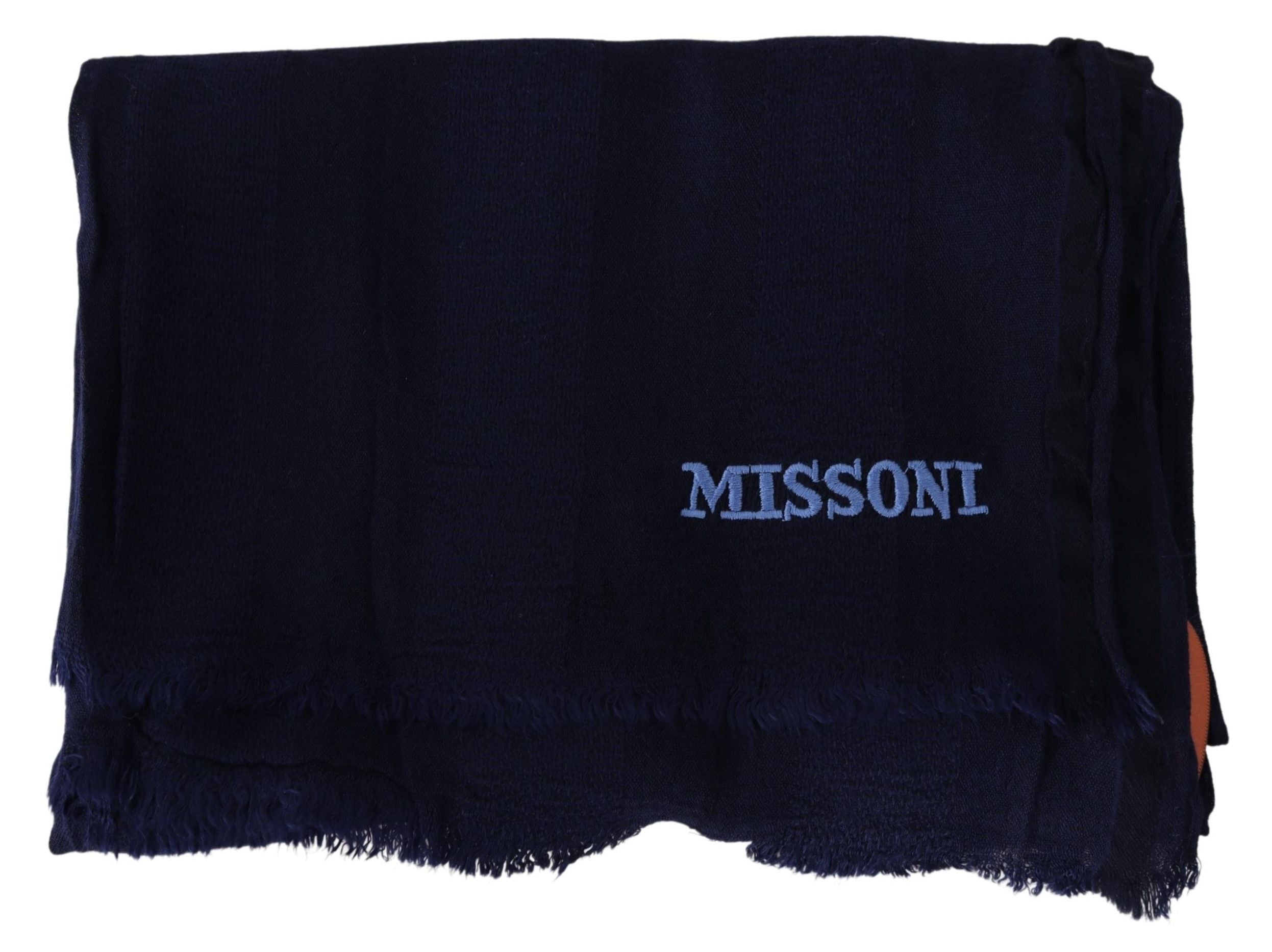 Elegant Blue Wool Scarf with Embroidered Logo - ventzia