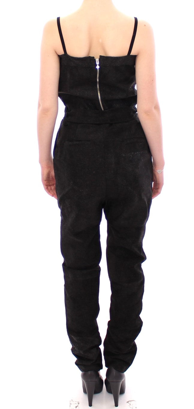 Elegant Black Leather Jumpsuit with Waist Strap - ventzia