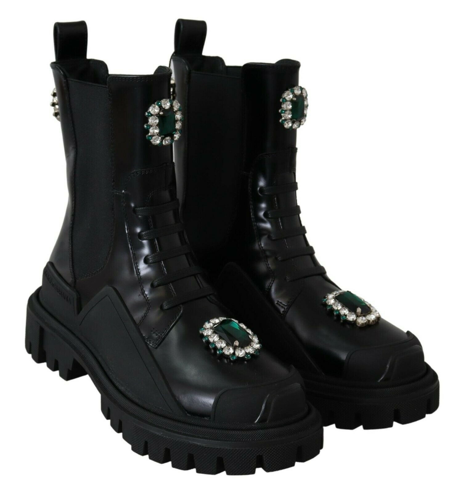 Elegant Black Leather Combat Boots with Crystal Detail - ventzia