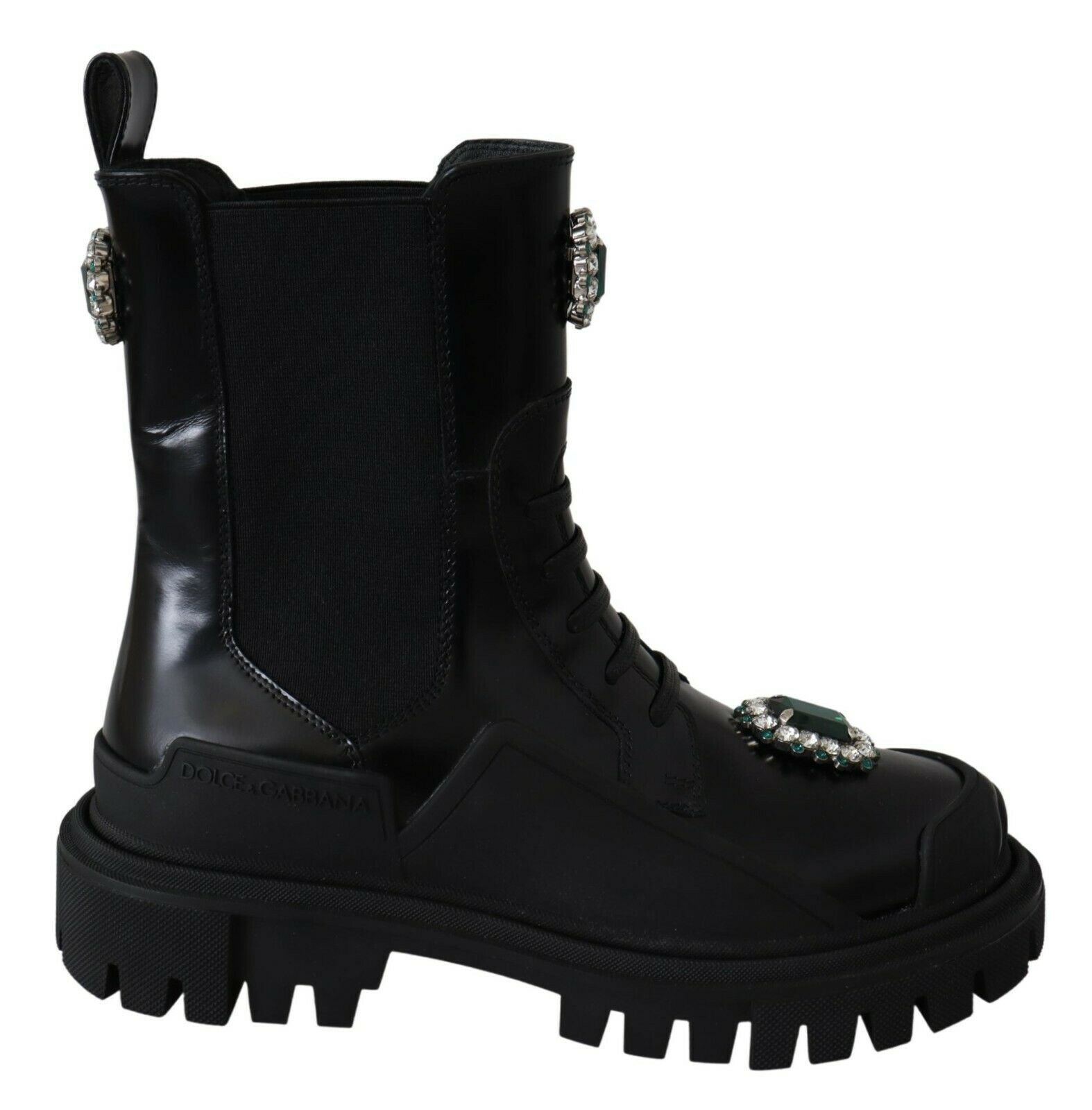 Elegant Black Leather Combat Boots with Crystal Detail - ventzia