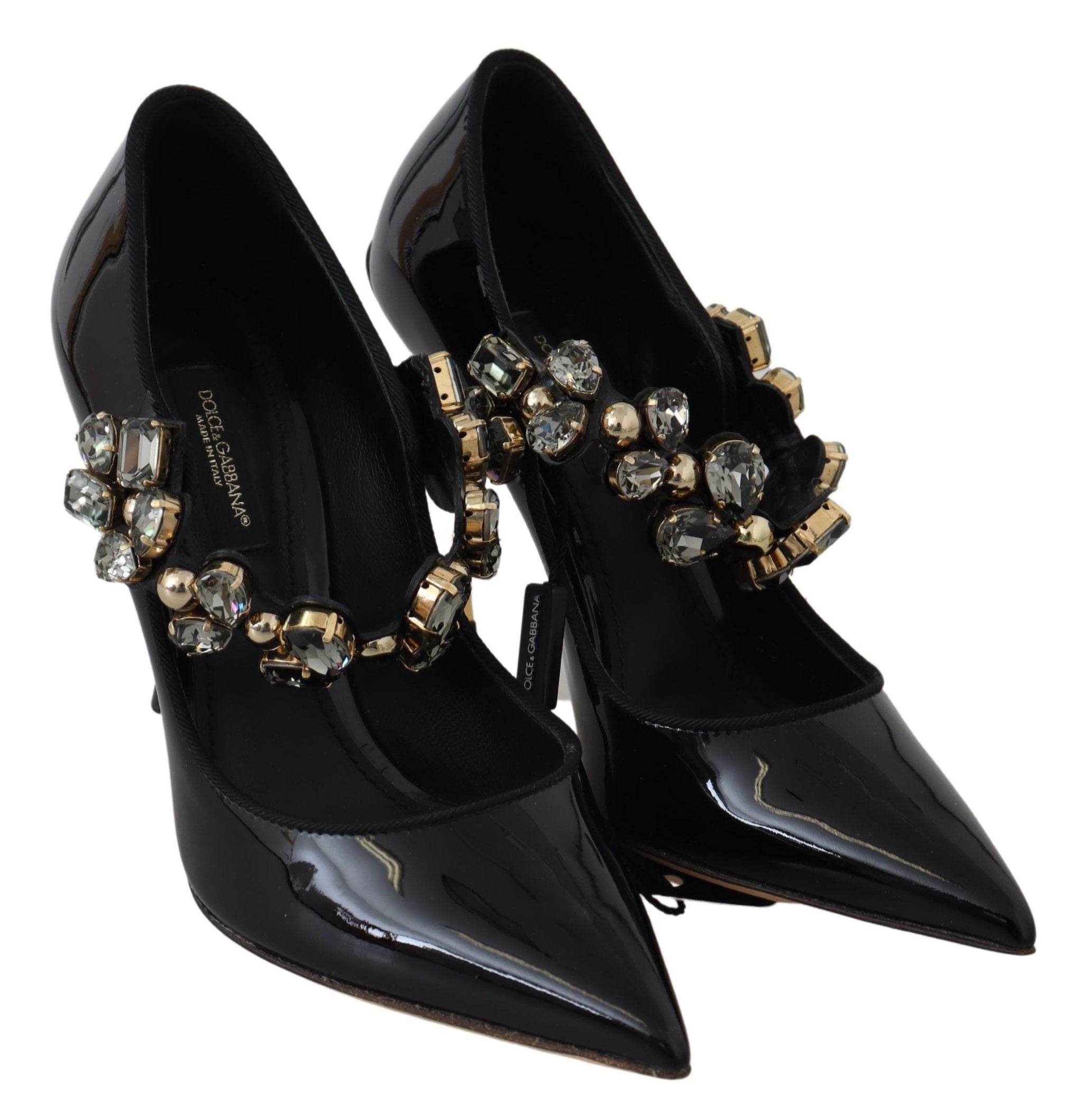 Elegant Black Leather Crystal Pumps - ventzia