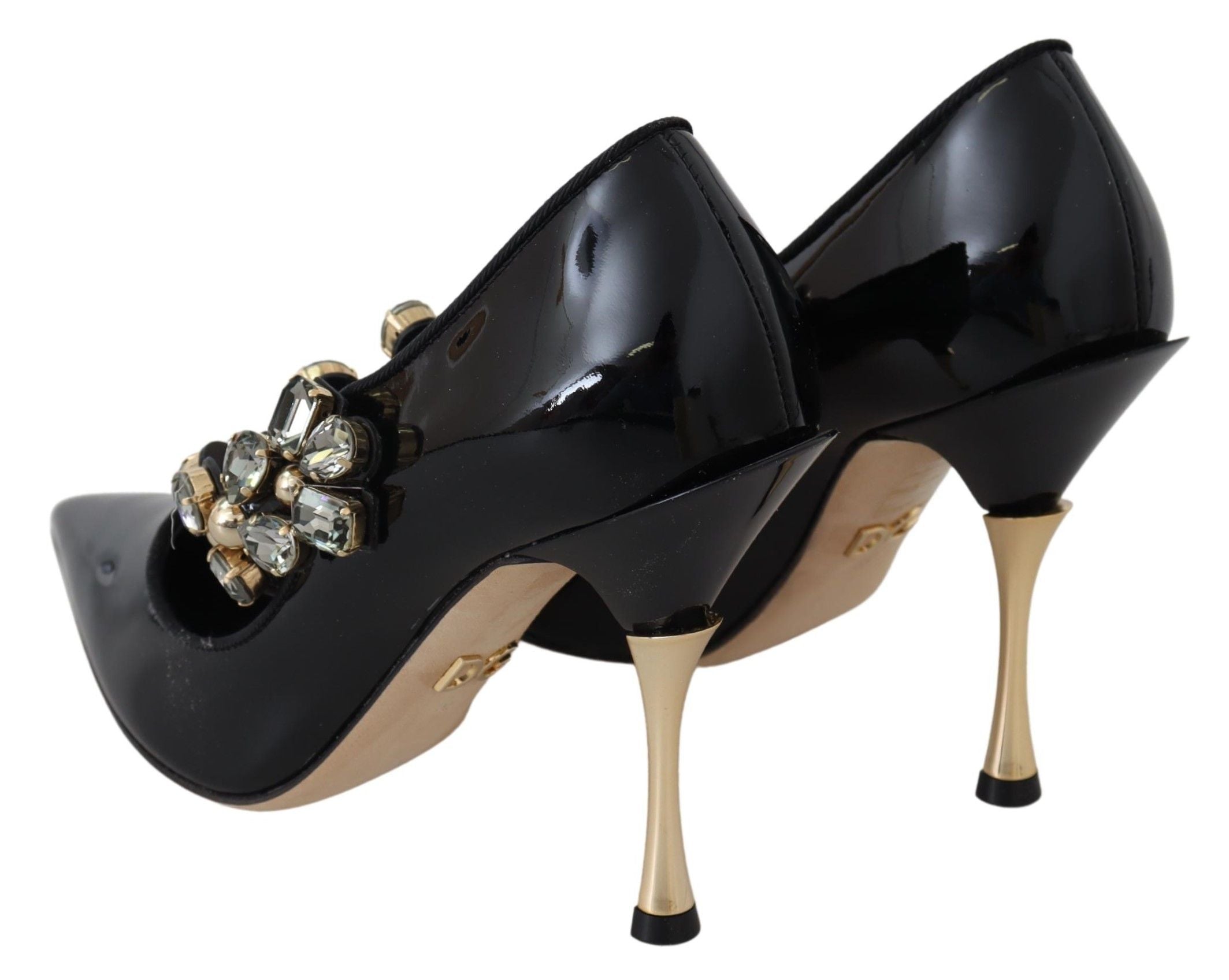 Elegant Black Leather Crystal Pumps - ventzia
