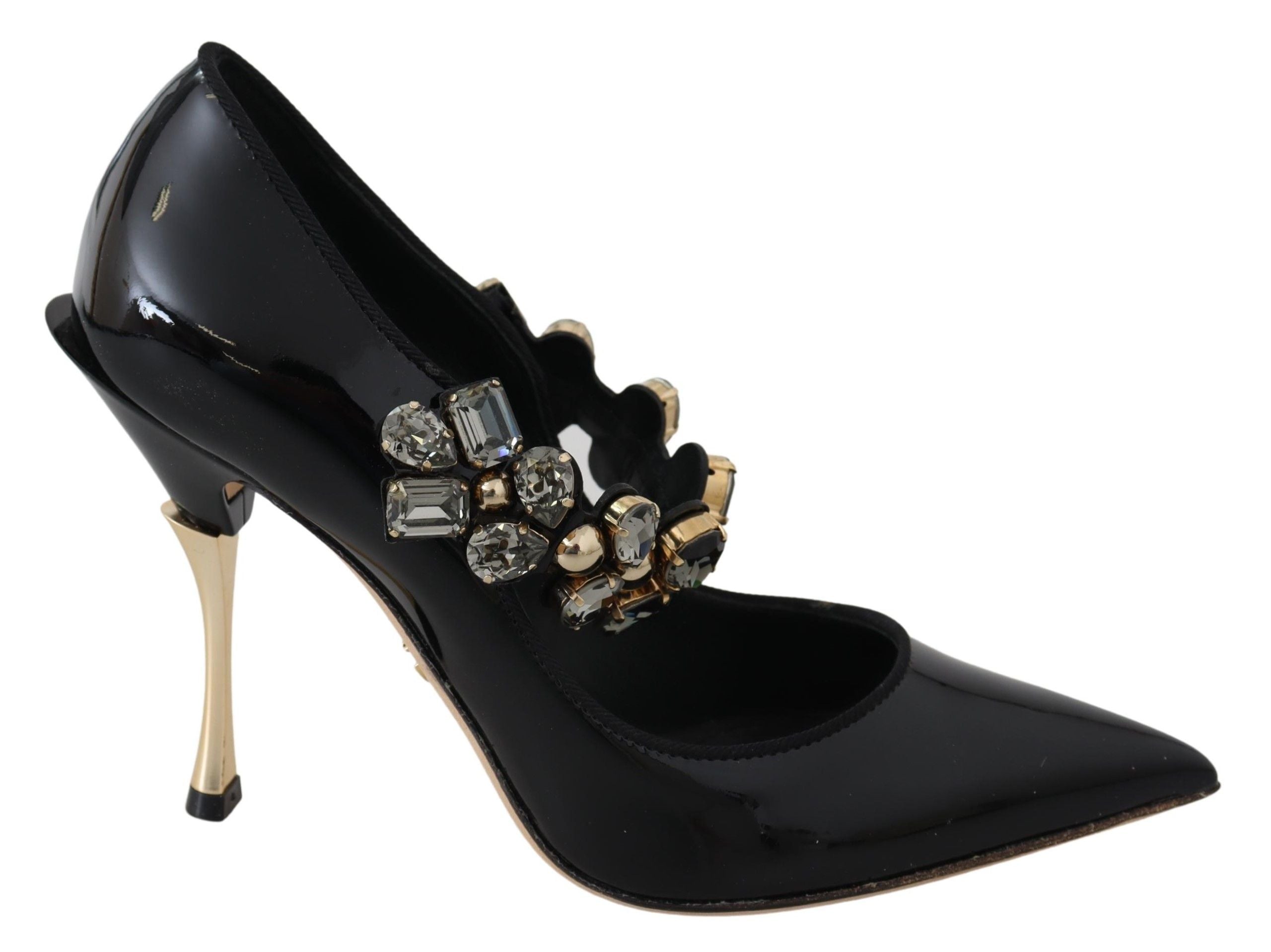 Elegant Black Leather Crystal Pumps - ventzia