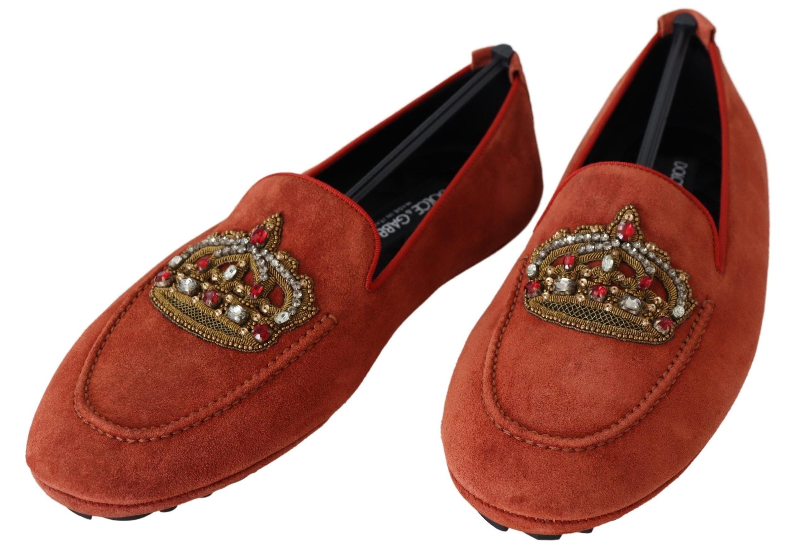 Opulent Orange Leather Loafers with Gold Embroidery - ventzia