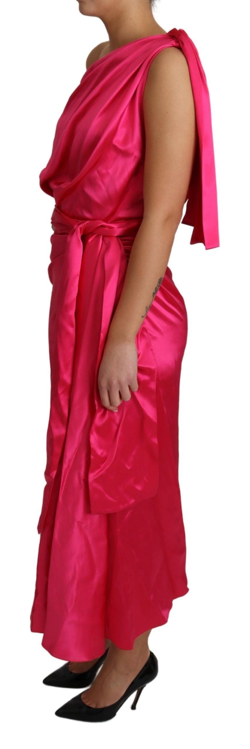 Elegant Fuchsia Silk One-Shoulder Wrap Dress - ventzia