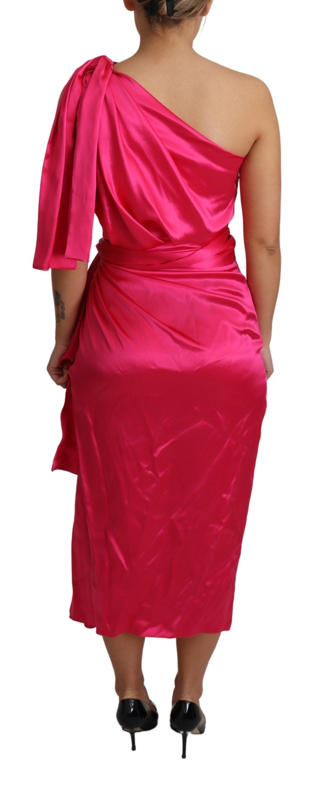 Elegant Fuchsia Silk One-Shoulder Wrap Dress - ventzia
