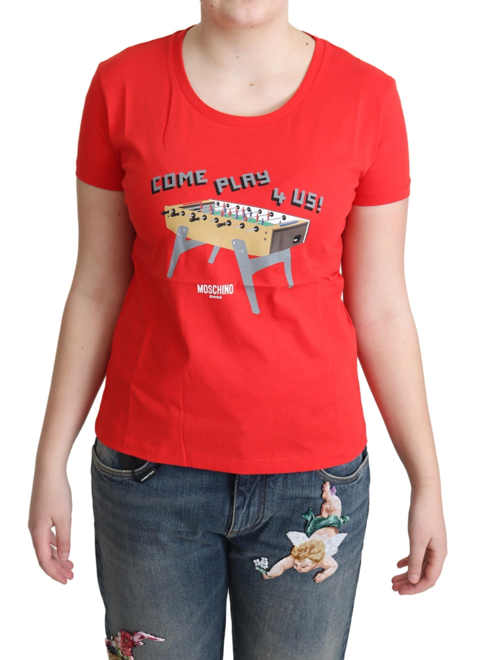 Chic Red Cotton Tee with Playful Print - ventzia