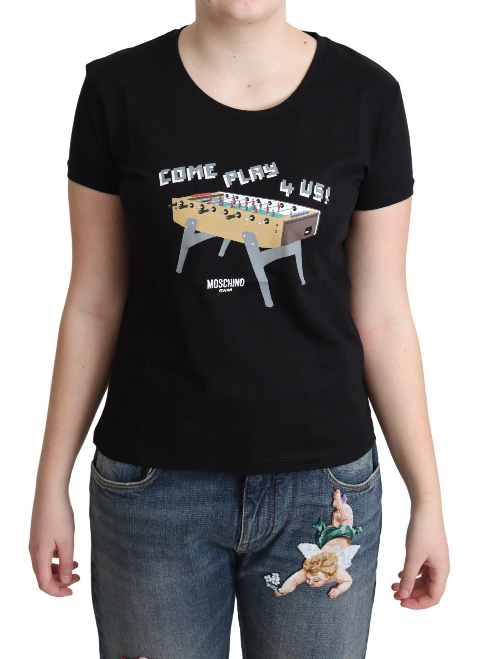 Chic Black Cotton Tee with Playful Print - ventzia
