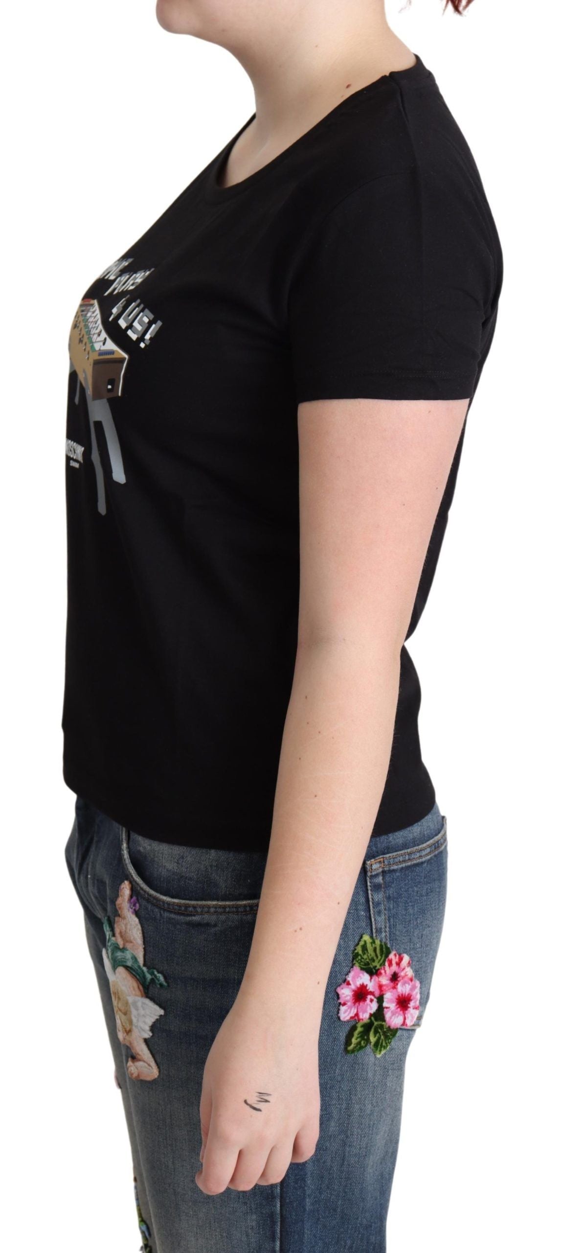 Chic Black Cotton Tee with Playful Print - ventzia