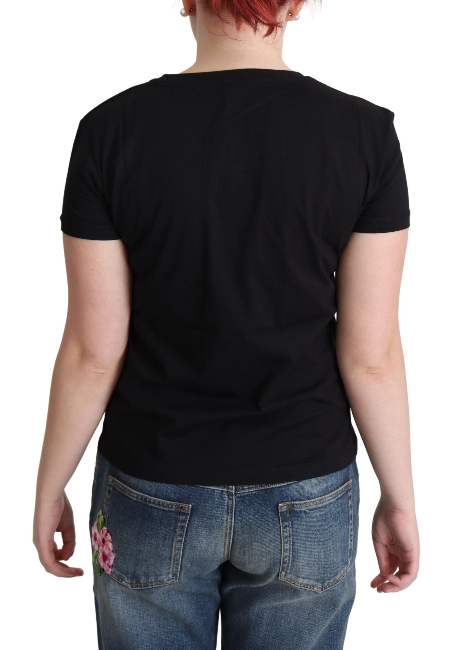 Chic Black Cotton Tee with Playful Print - ventzia