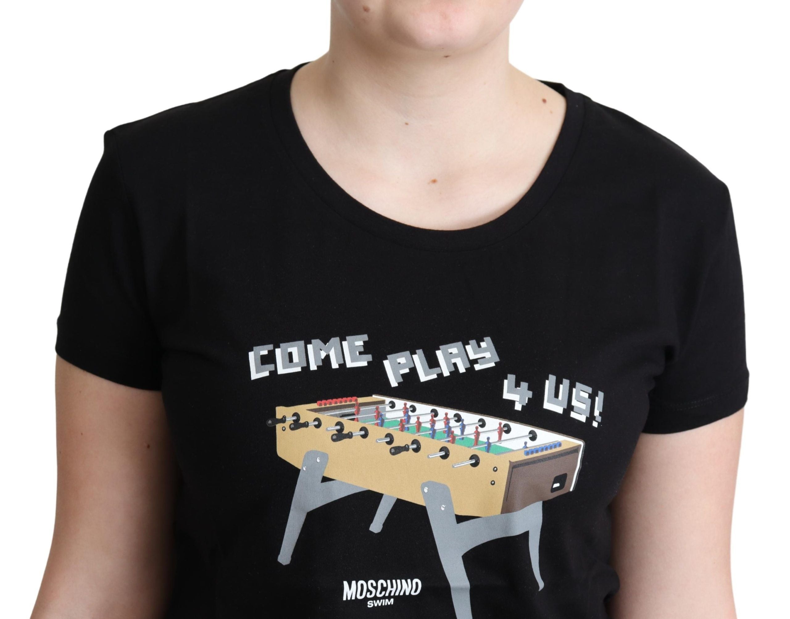 Chic Black Cotton Tee with Playful Print - ventzia
