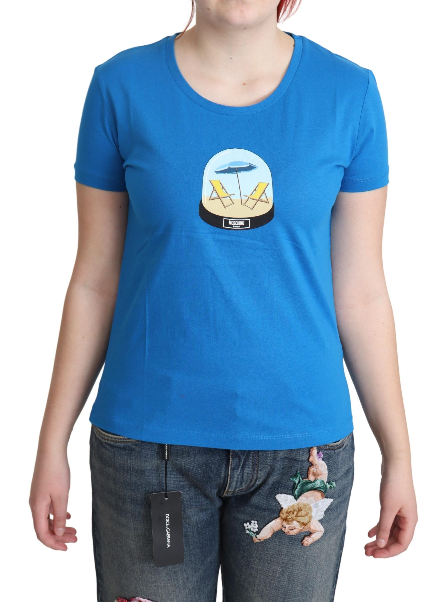 Chic Blue Cotton Tee with Iconic Print - ventzia