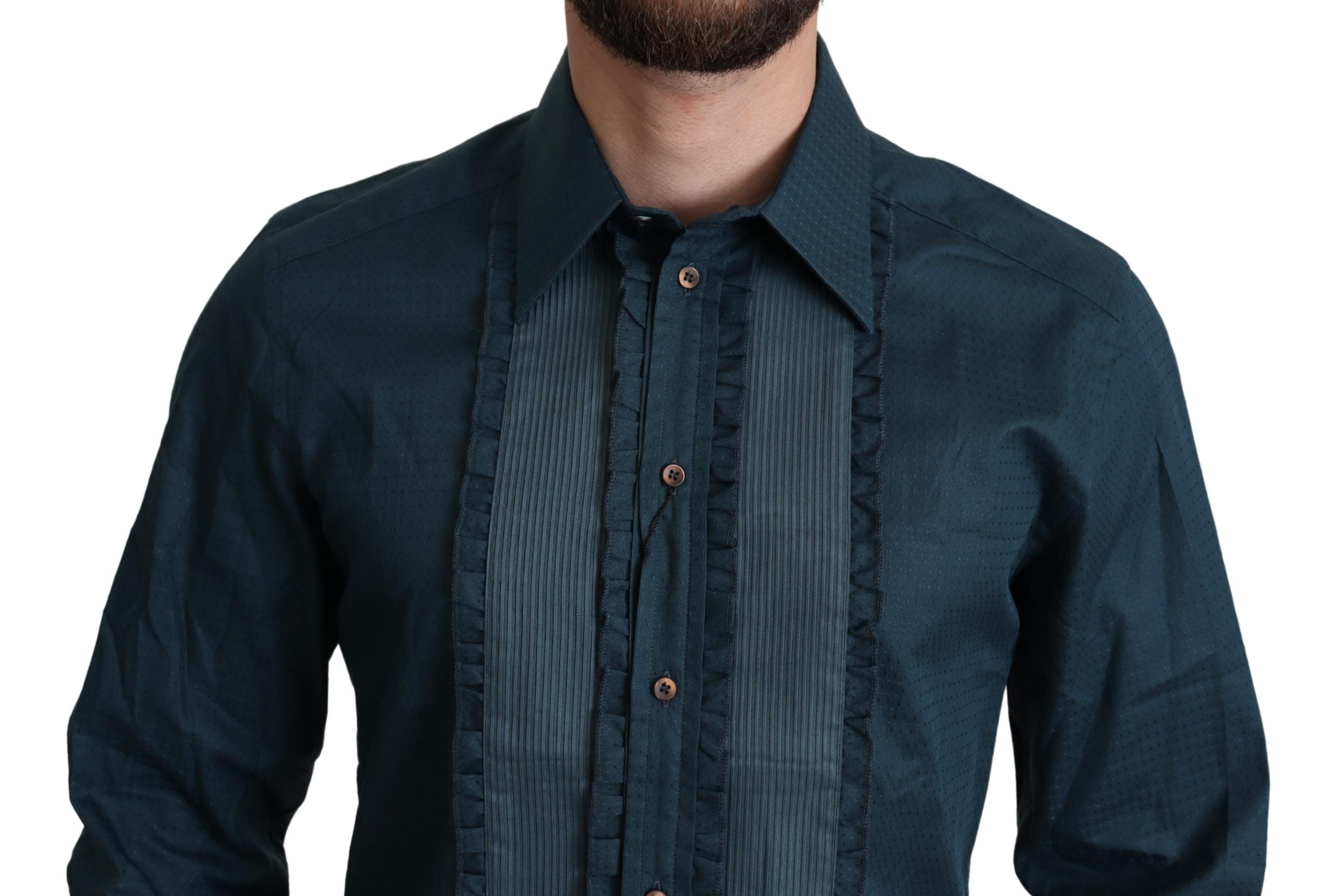 Elegant Blue Ruffled Tuxedo Shirt - ventzia