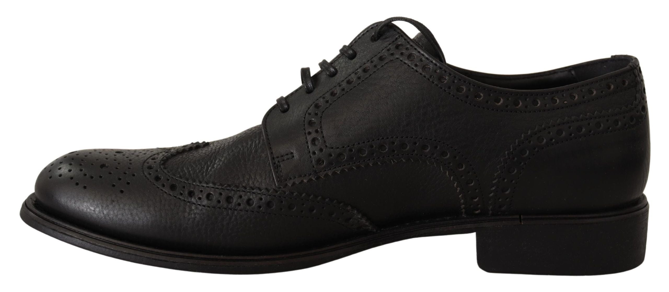 Elegant Black Leather Derby Wingtip Shoes - ventzia