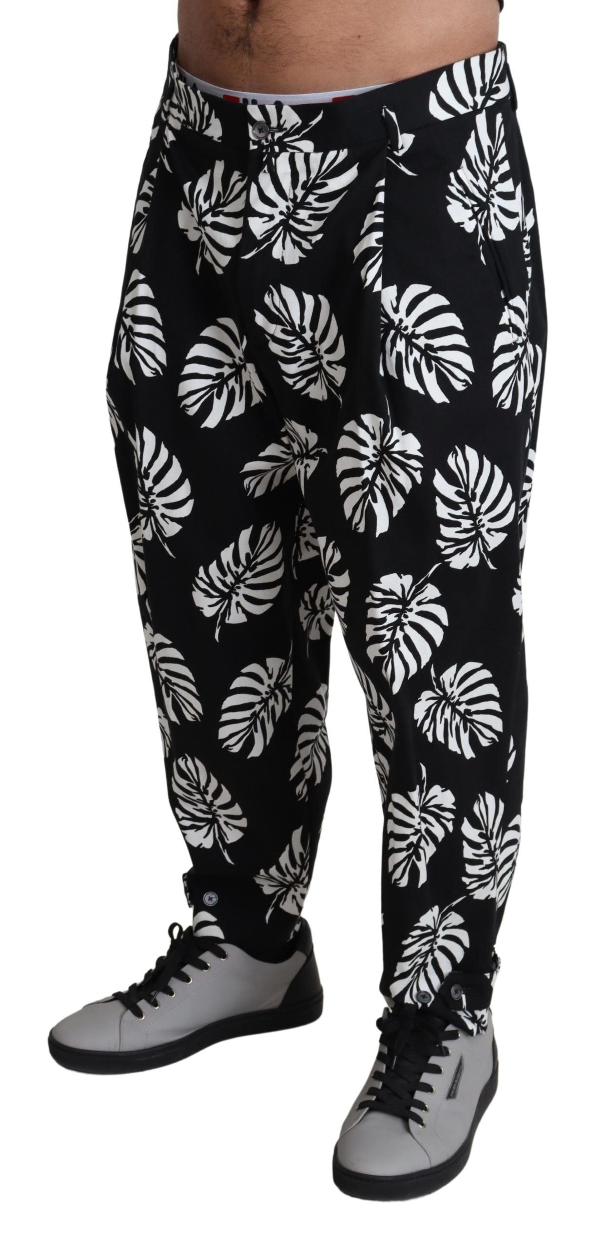 Elegant Palm Leaf Print Cotton Trousers - ventzia