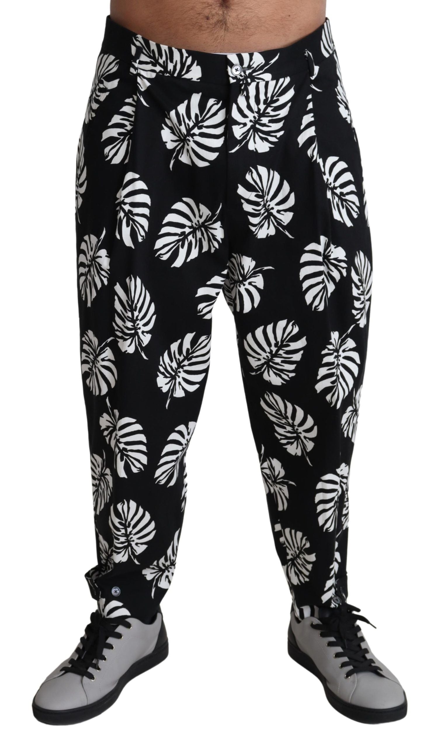 Elegant Palm Leaf Print Cotton Trousers - ventzia