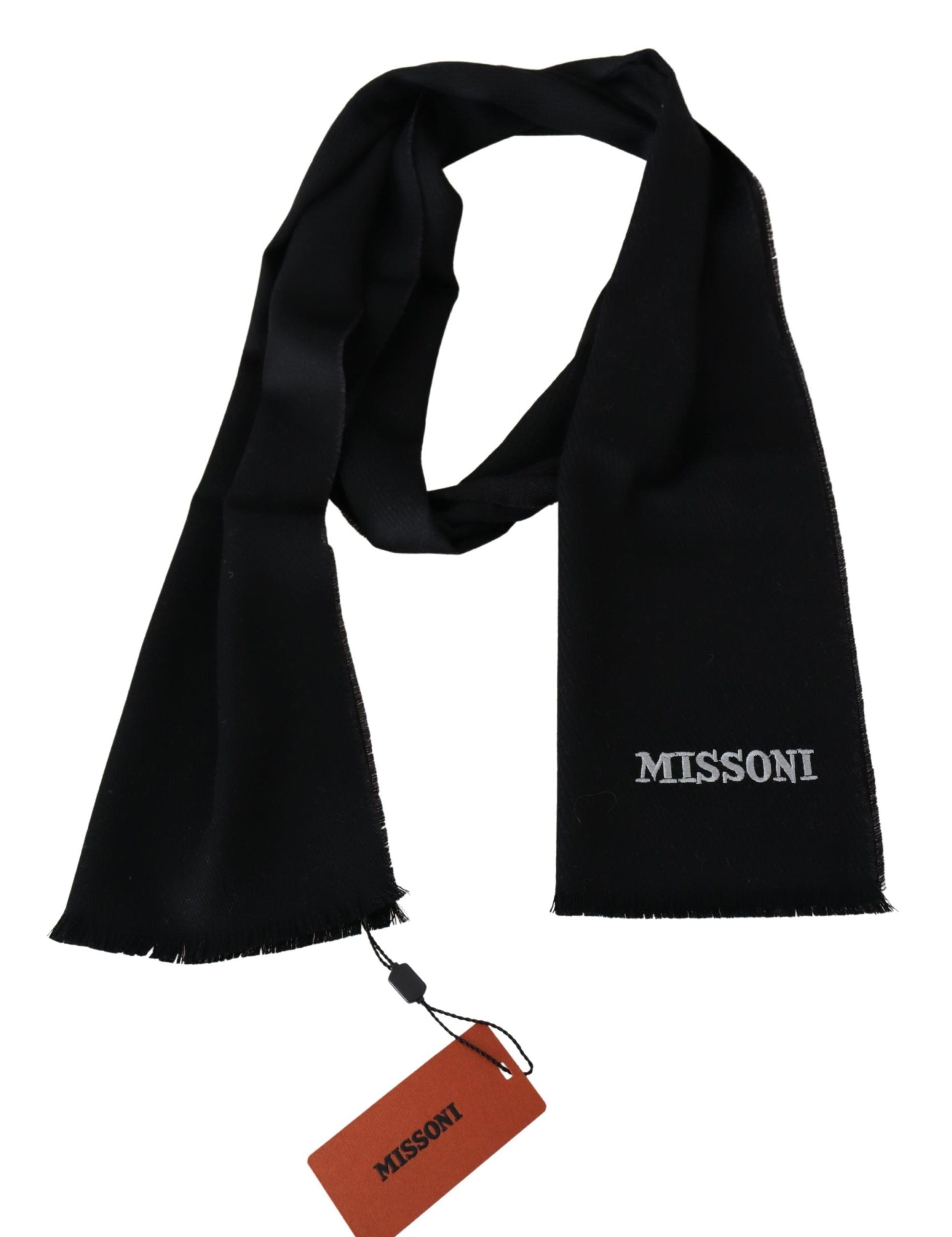 Elegant Embroidered Wool Scarf in Black - ventzia