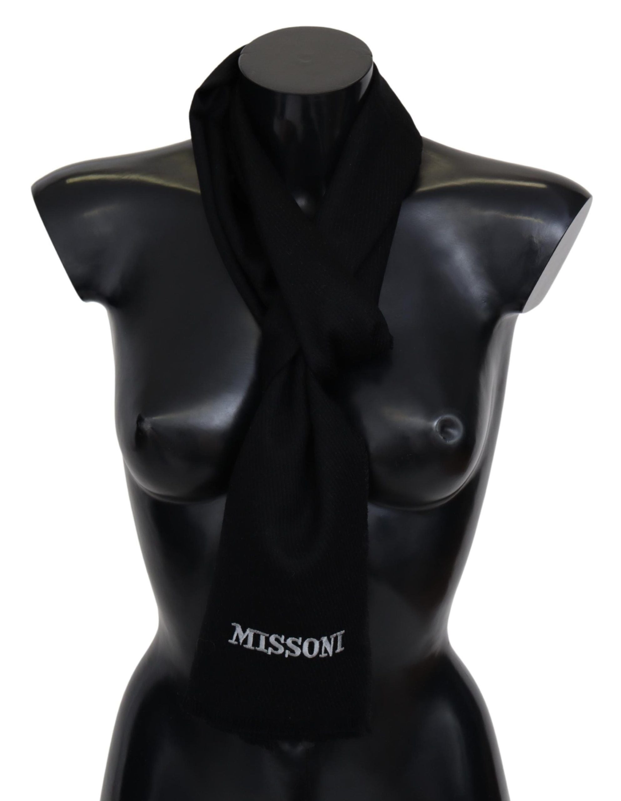 Elegant Embroidered Wool Scarf in Black - ventzia