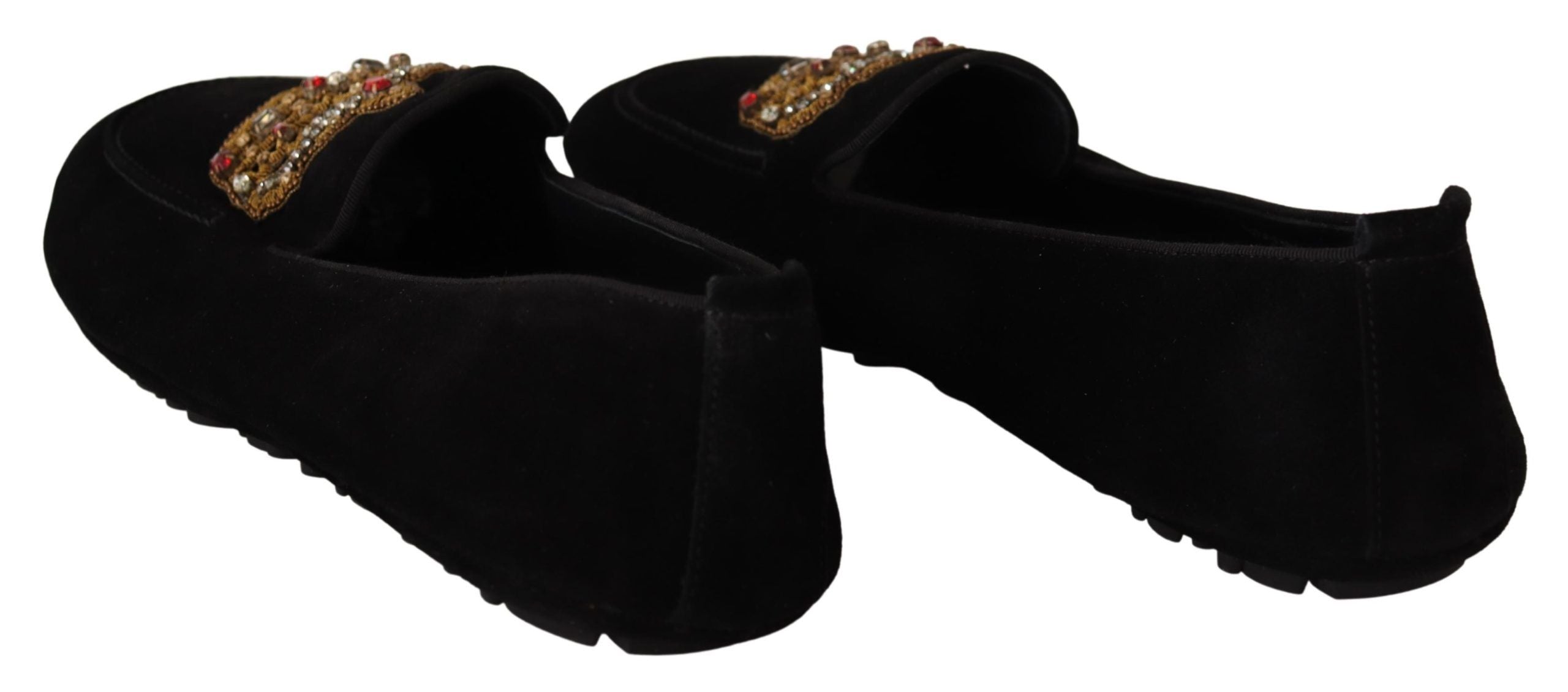 Elegant Black Leather Loafer Slides with Gold Embroidery - ventzia