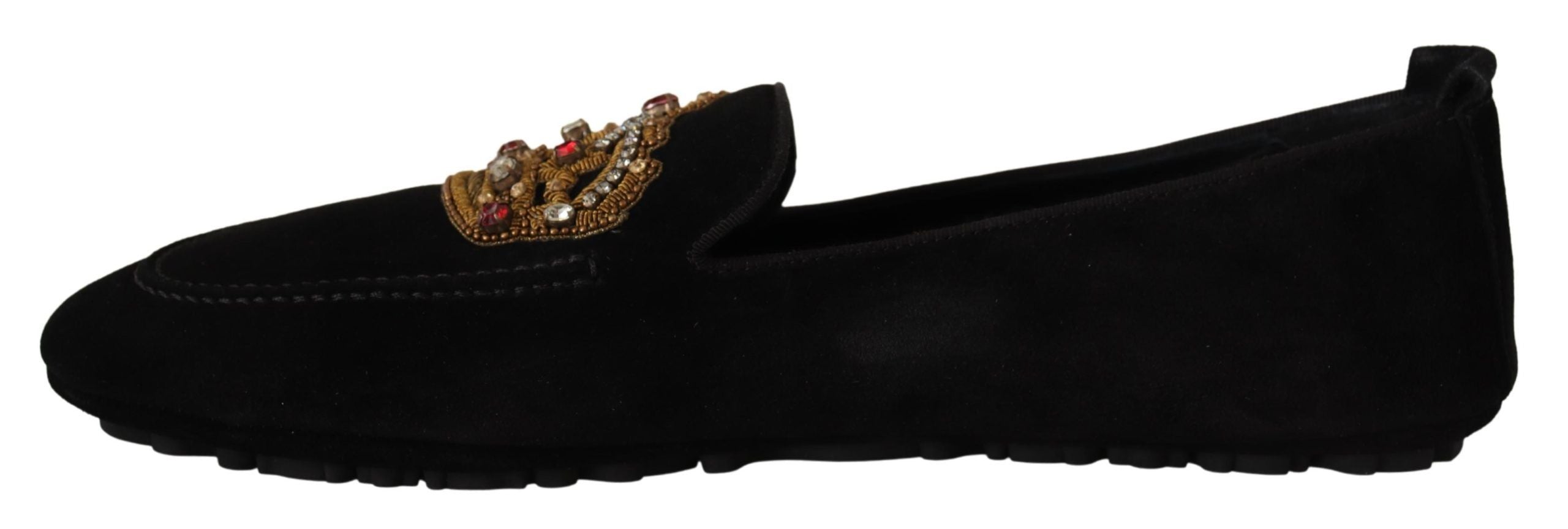 Elegant Black Leather Loafer Slides with Gold Embroidery - ventzia