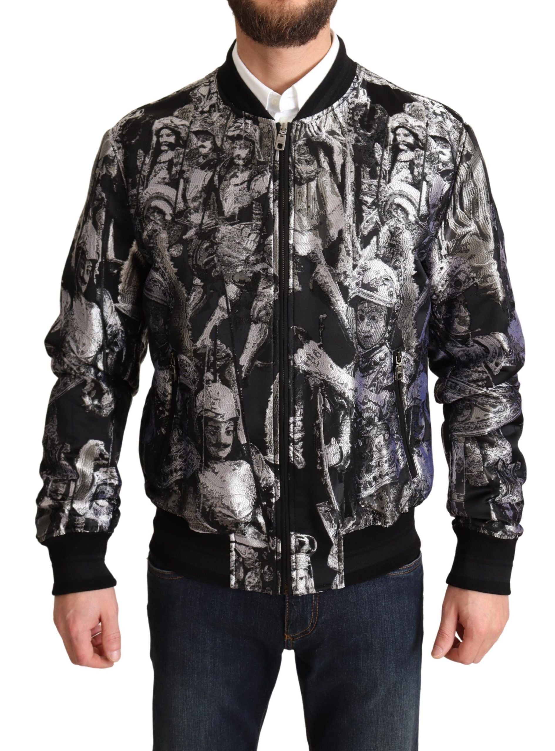 Elegant Black Bomber Jacket with Silver Details - ventzia