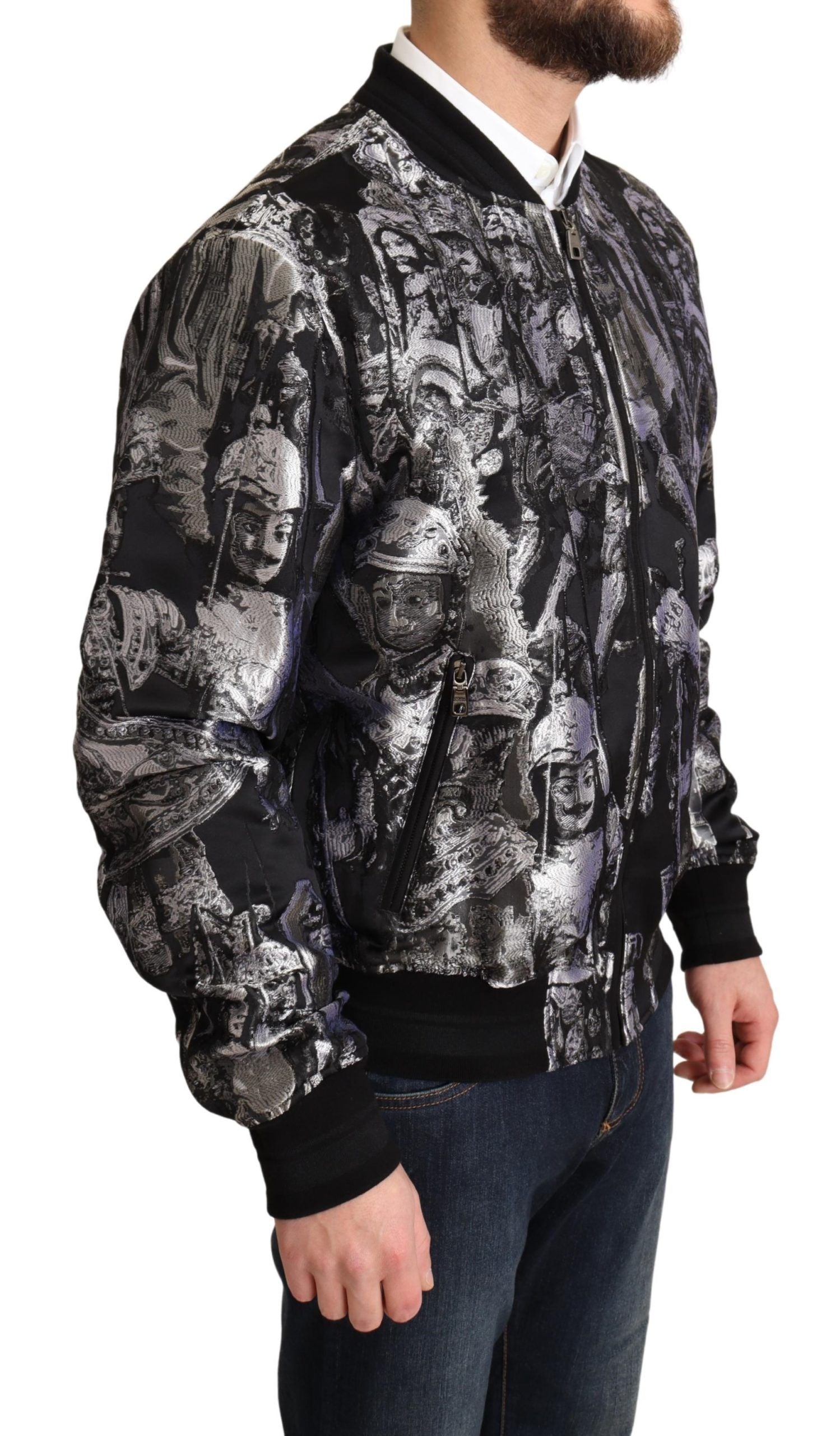 Elegant Black Bomber Jacket with Silver Details - ventzia