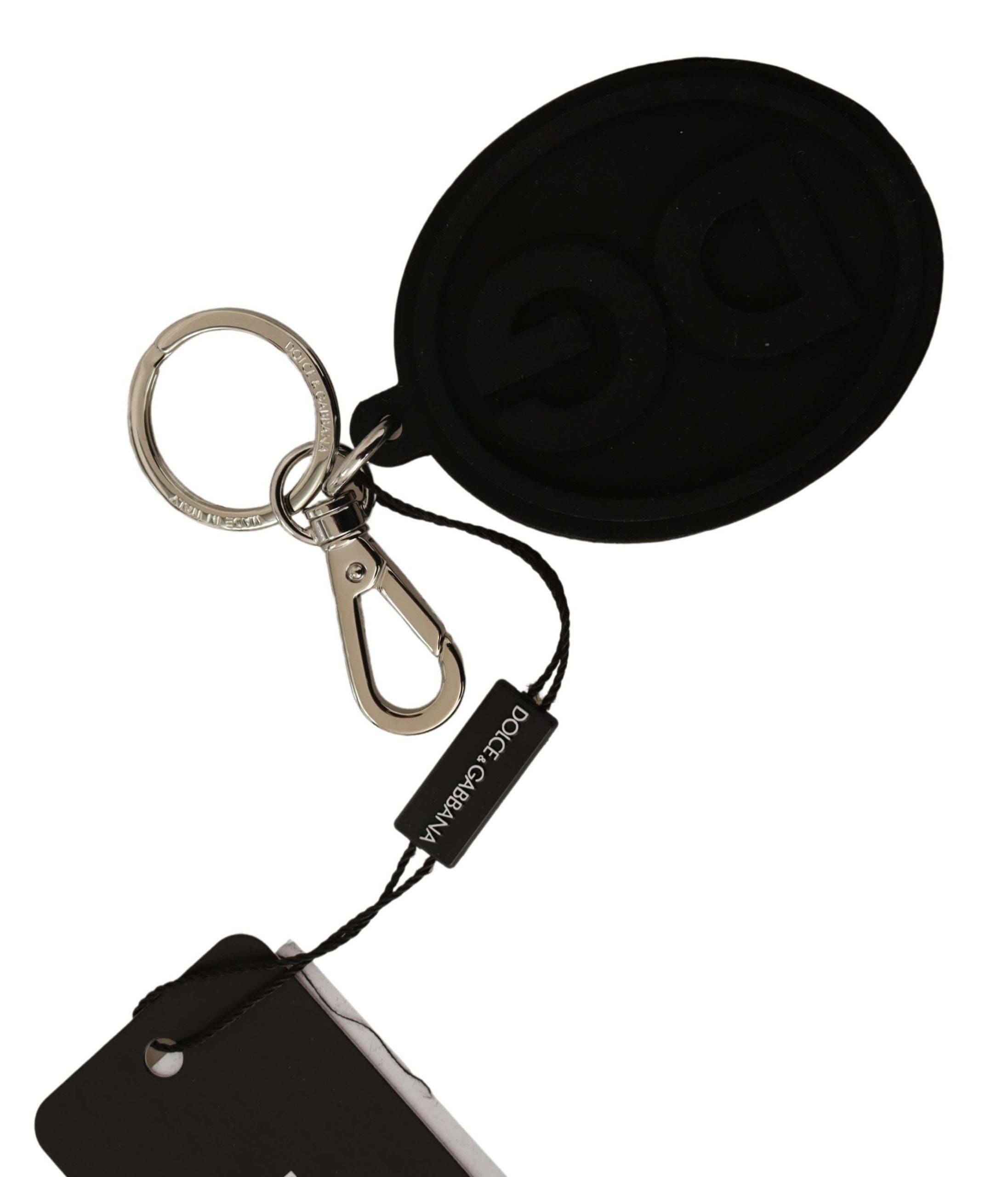 Chic Black Rubber & Brass Logo Keychain - ventzia