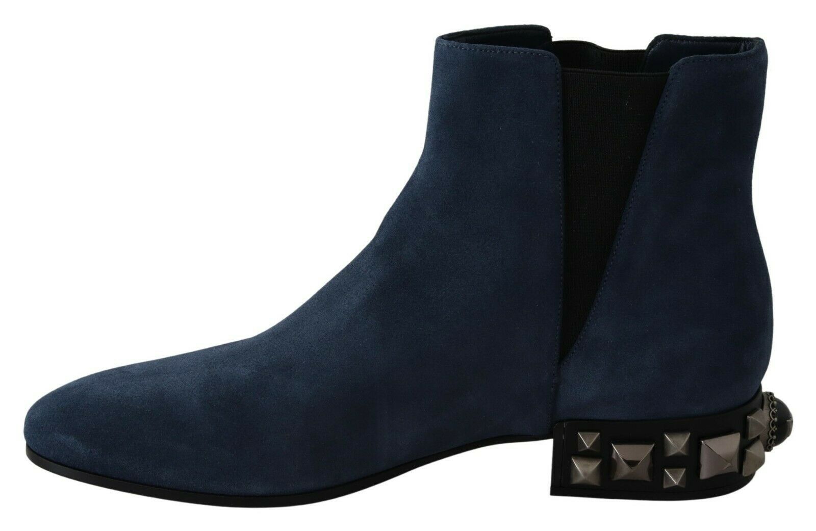 Chic Blue Suede Mid-Calf Boots with Stud Details - ventzia