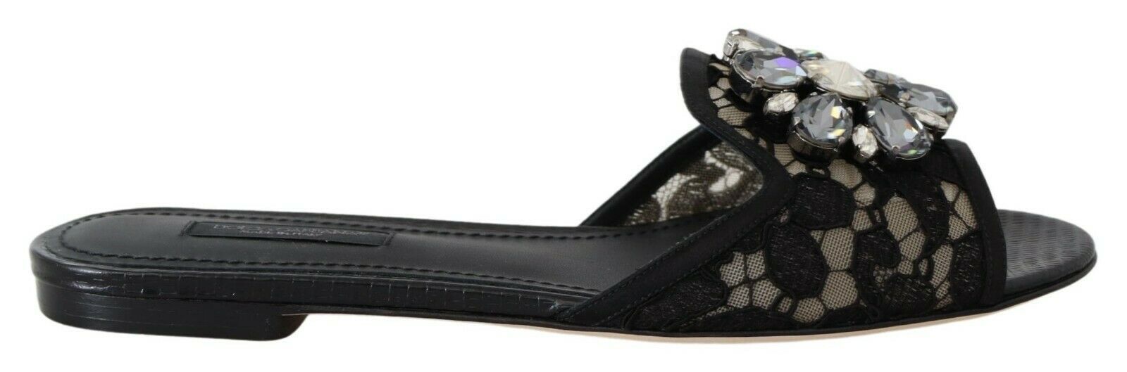 Elegant Black Lace Mules with Jewel Flower Detail - ventzia