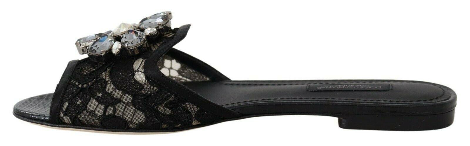 Elegant Black Lace Mules with Jewel Flower Detail - ventzia