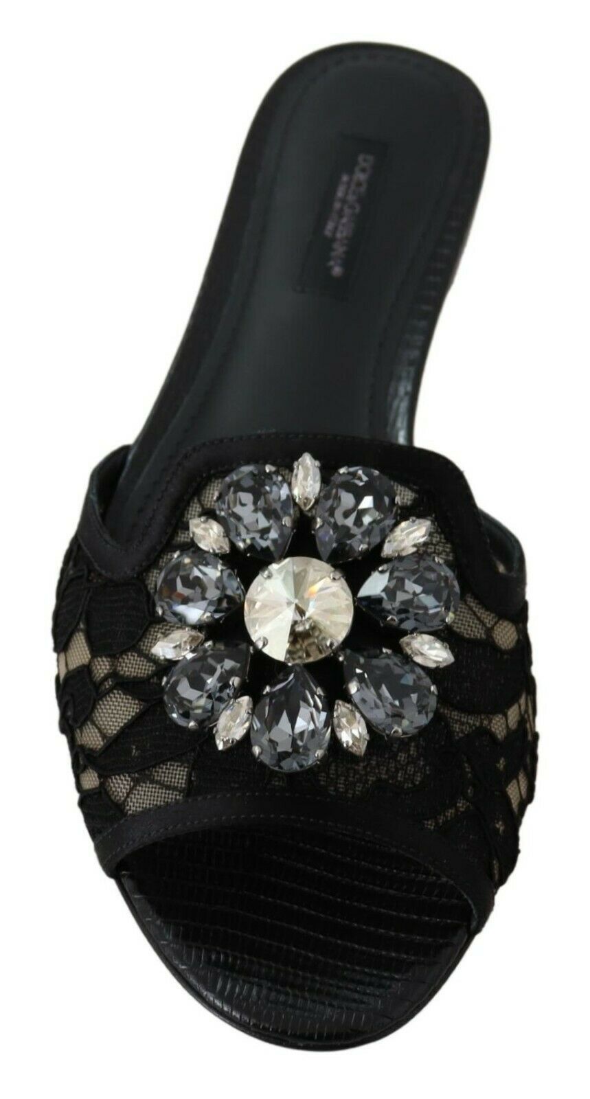 Elegant Black Lace Mules with Jewel Flower Detail - ventzia