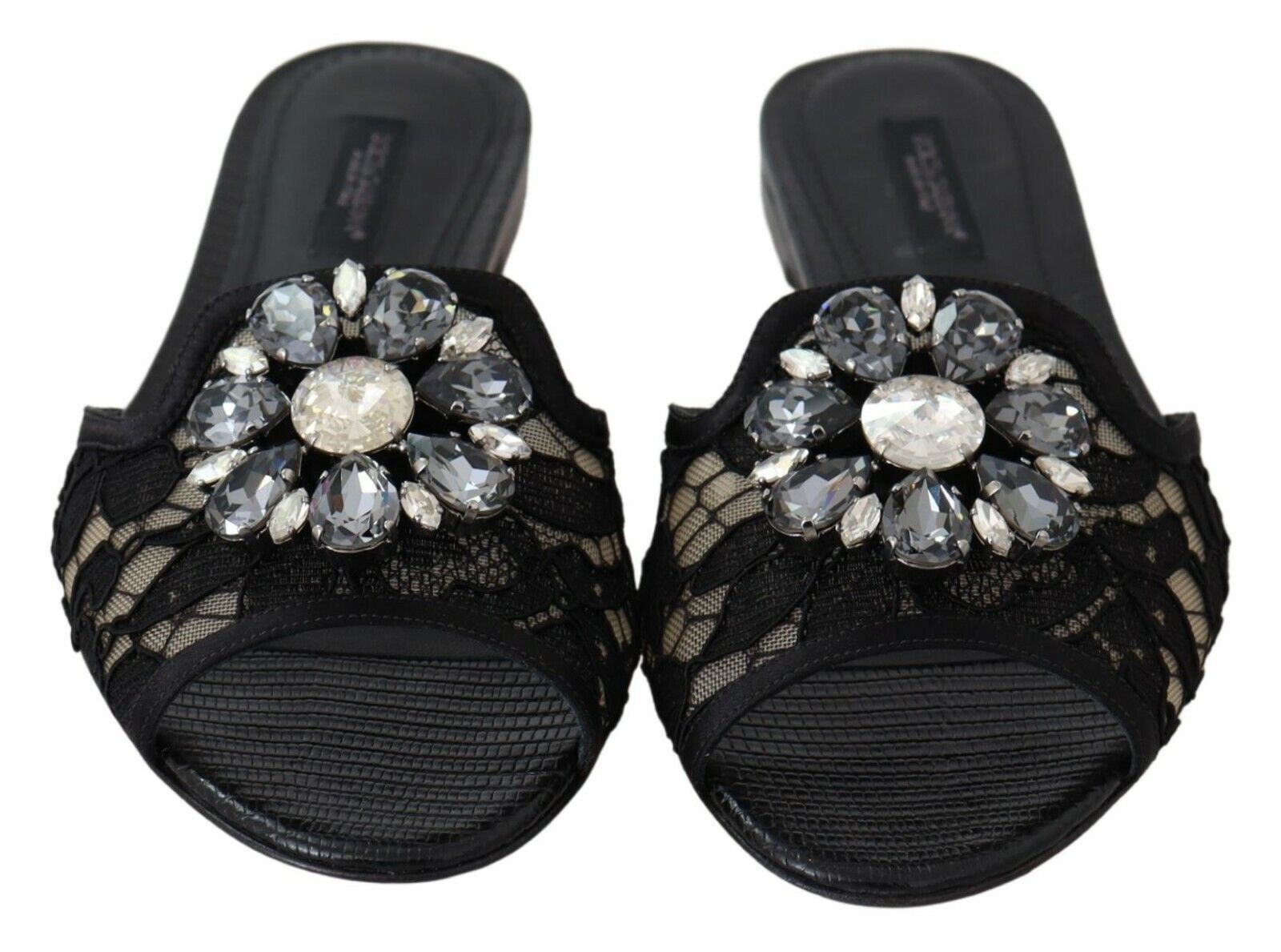 Elegant Black Lace Mules with Jewel Flower Detail - ventzia