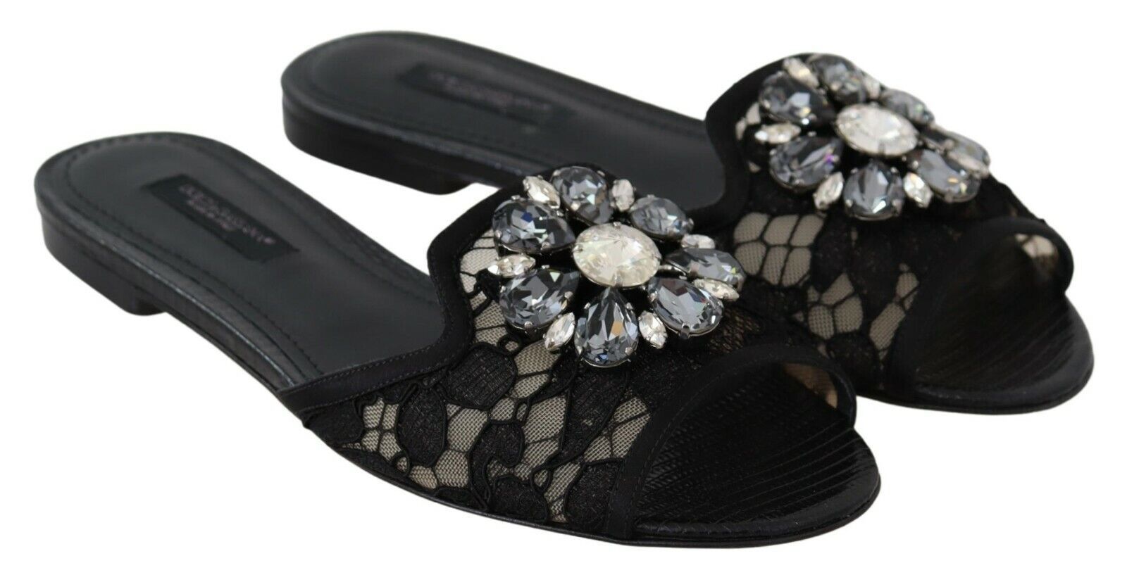 Elegant Black Lace Mules with Jewel Flower Detail - ventzia
