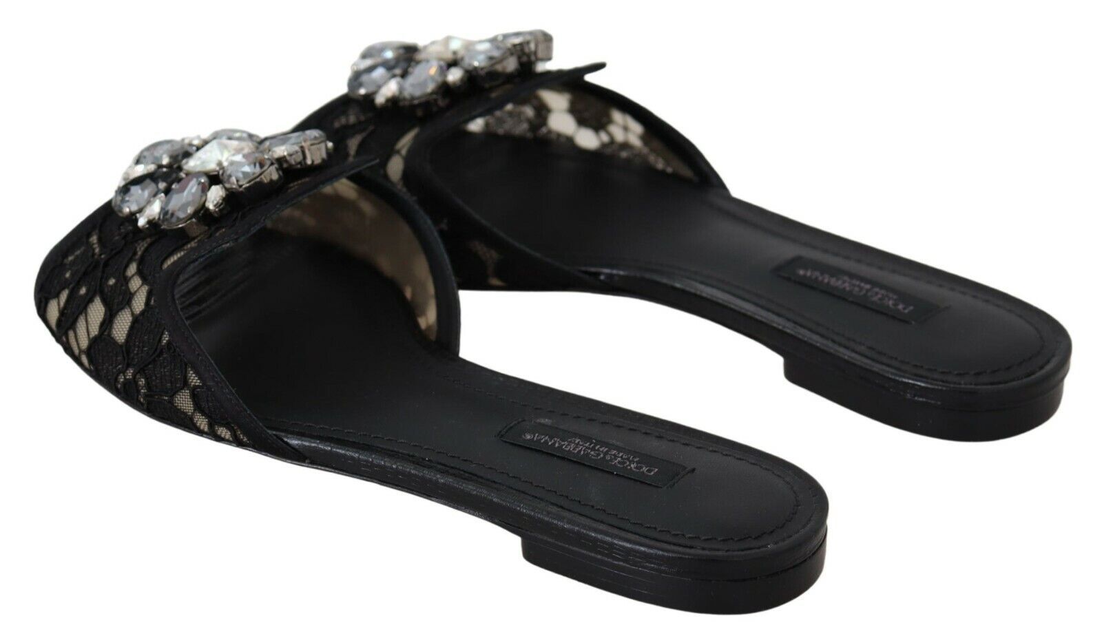 Elegant Black Lace Mules with Jewel Flower Detail - ventzia