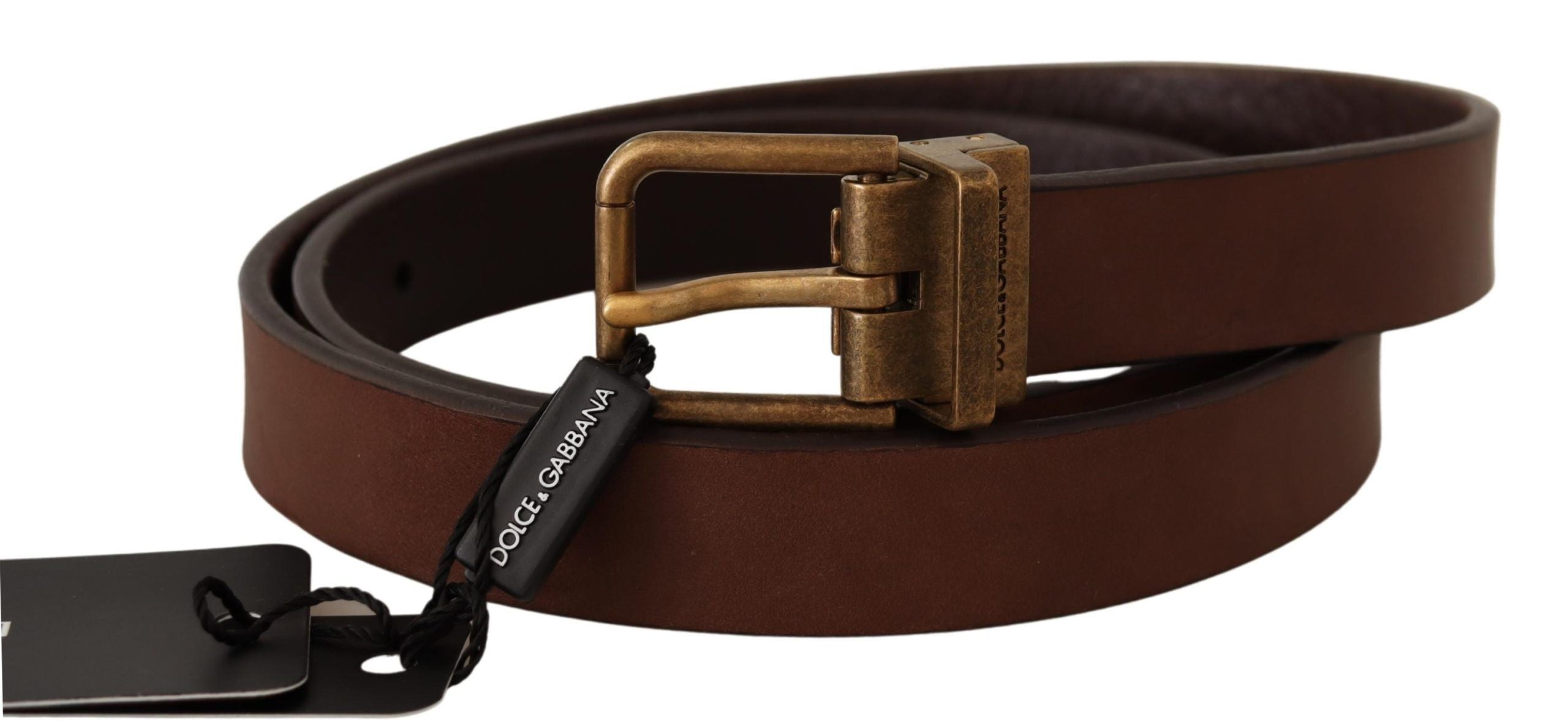 Elegant Brown Leather Belt with Gold Buckle - ventzia
