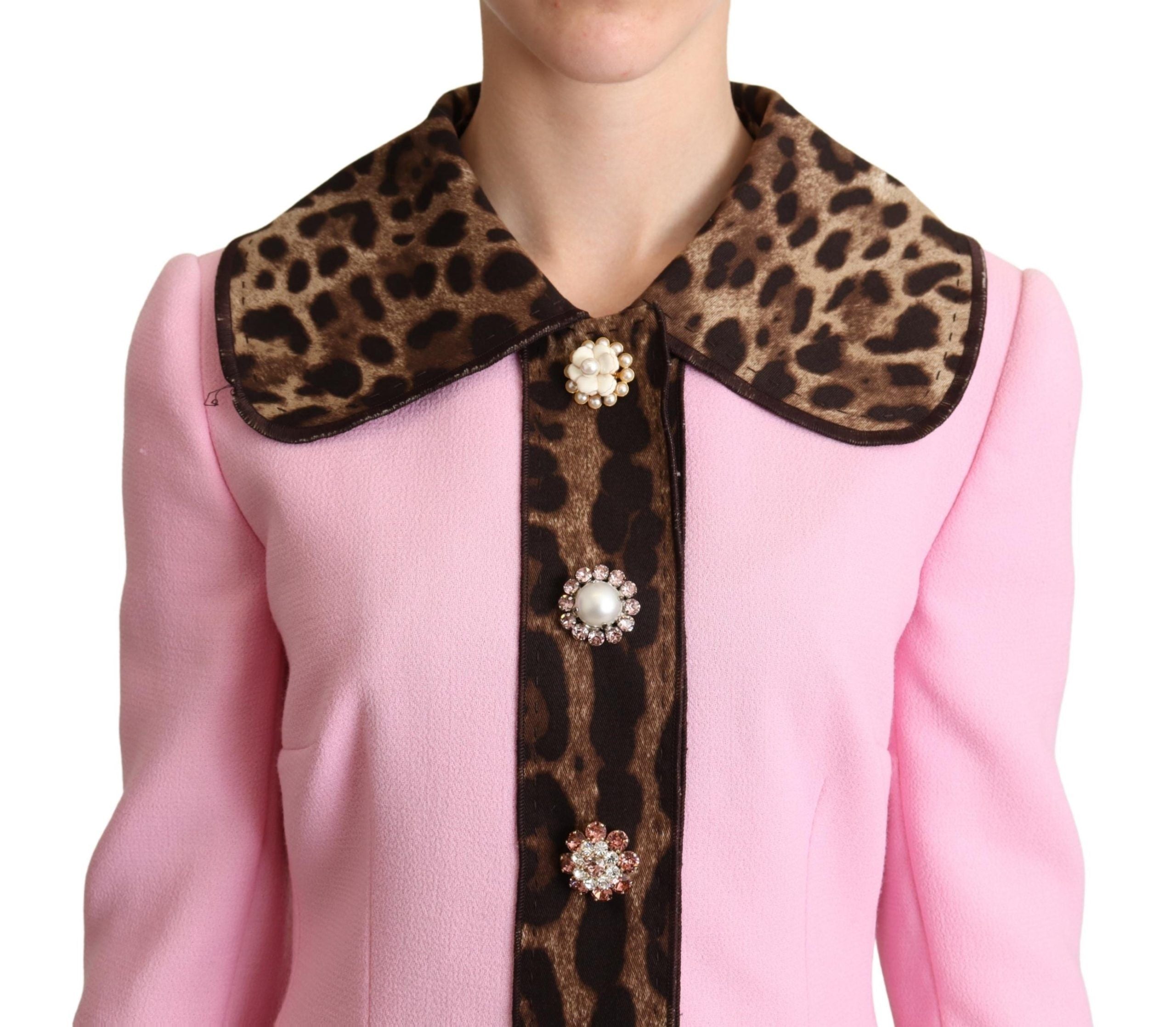 Chic Pink Leopard Trench with Crystal Buttons - ventzia