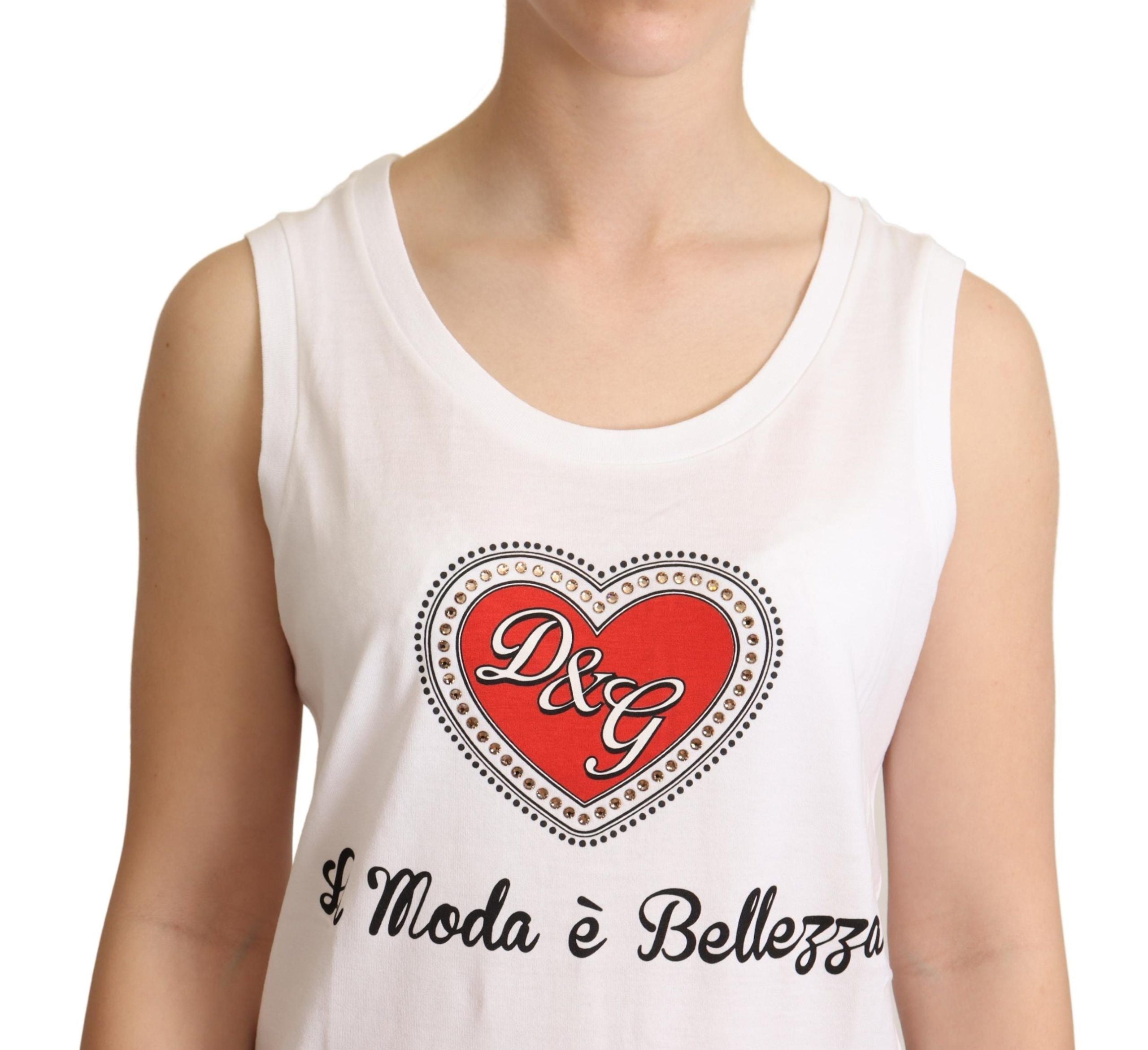 Crystal Embellished Heart White Sleeveless Tee - ventzia