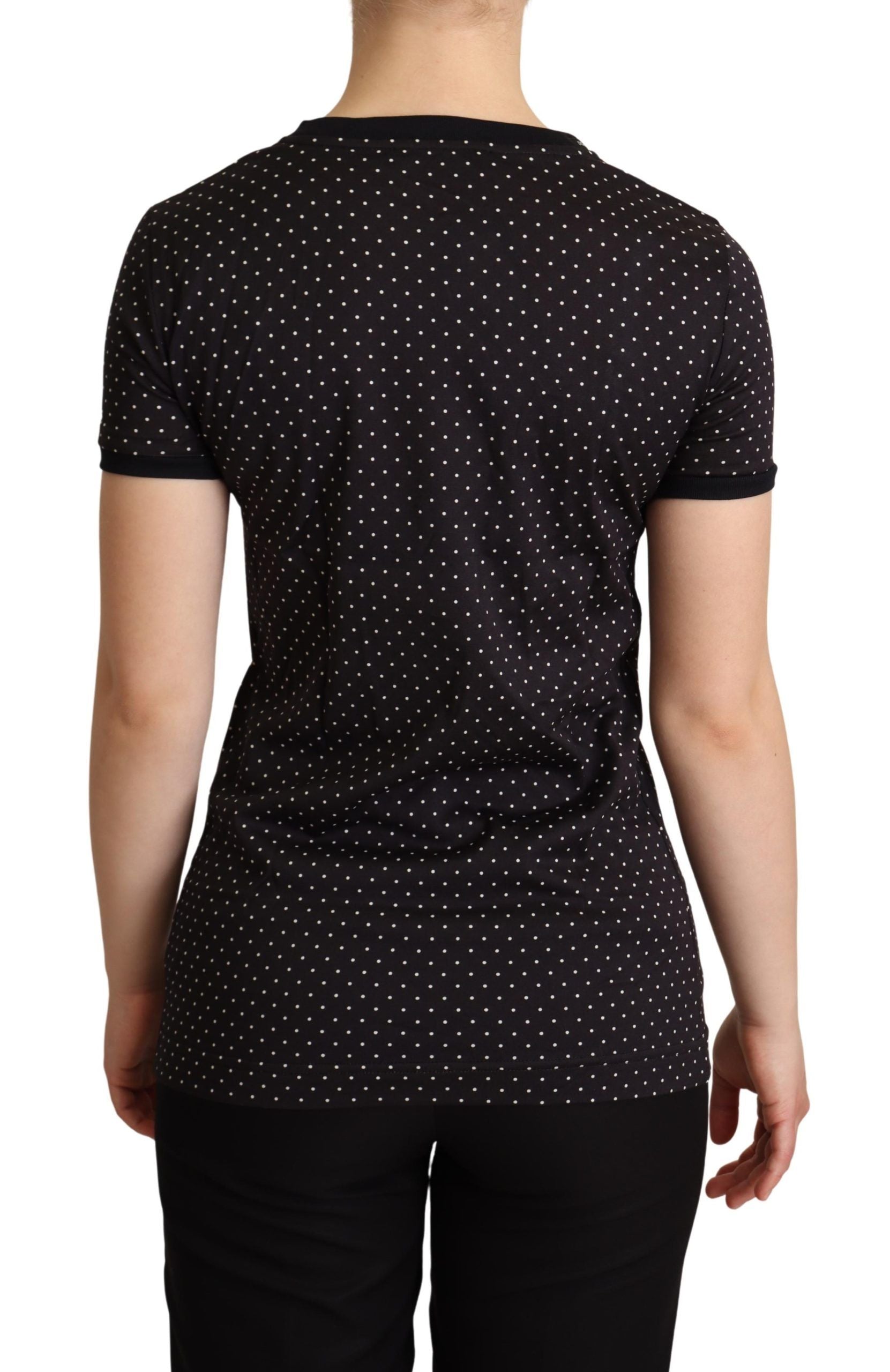 Polka Dotted Black Short Sleeve Crewneck Top - ventzia