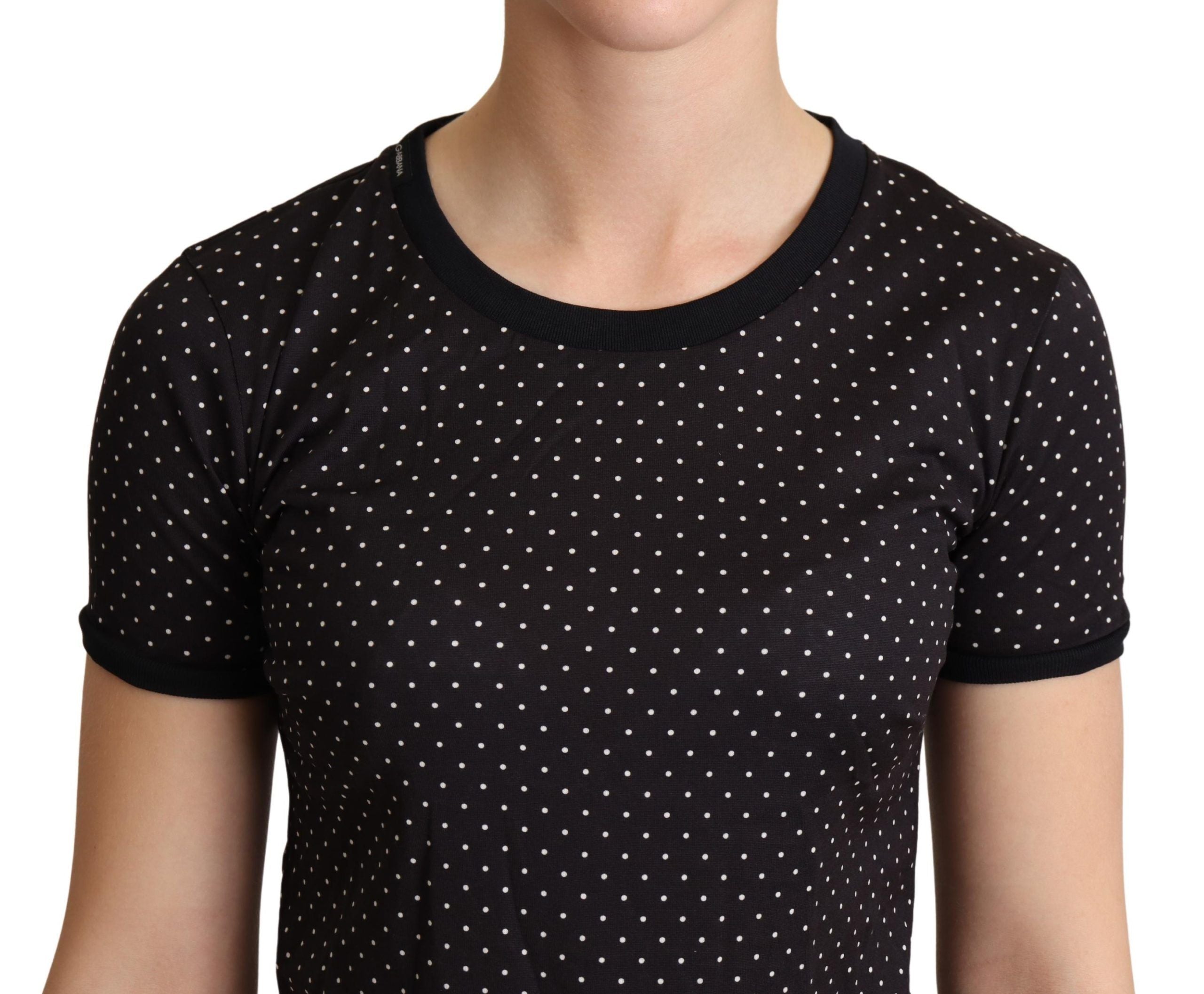 Polka Dotted Black Short Sleeve Crewneck Top - ventzia