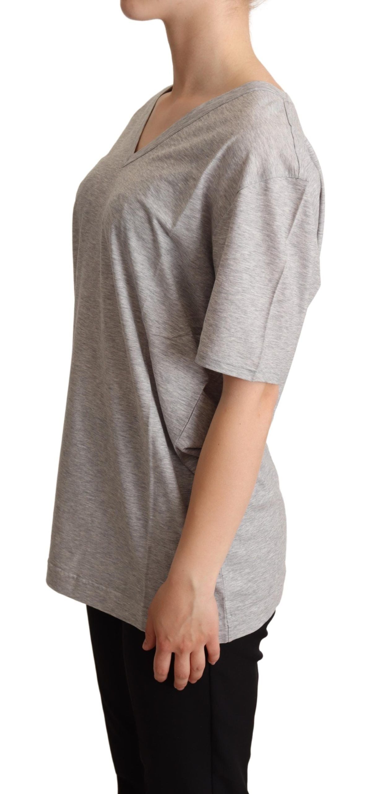 Elegant Gray V-Neck Cotton Tee - ventzia
