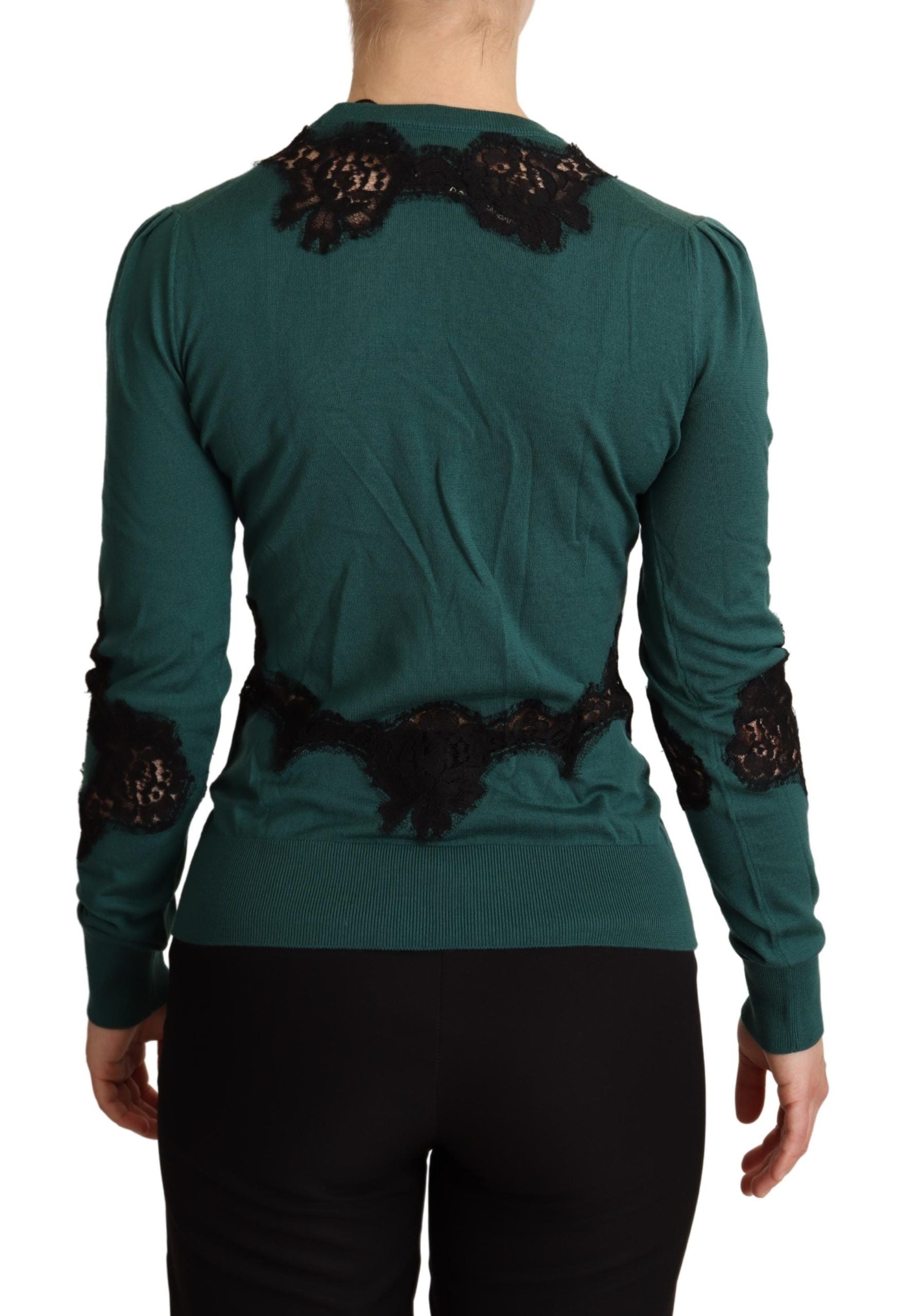Elegant Green Pullover with Black Lace Detail - ventzia