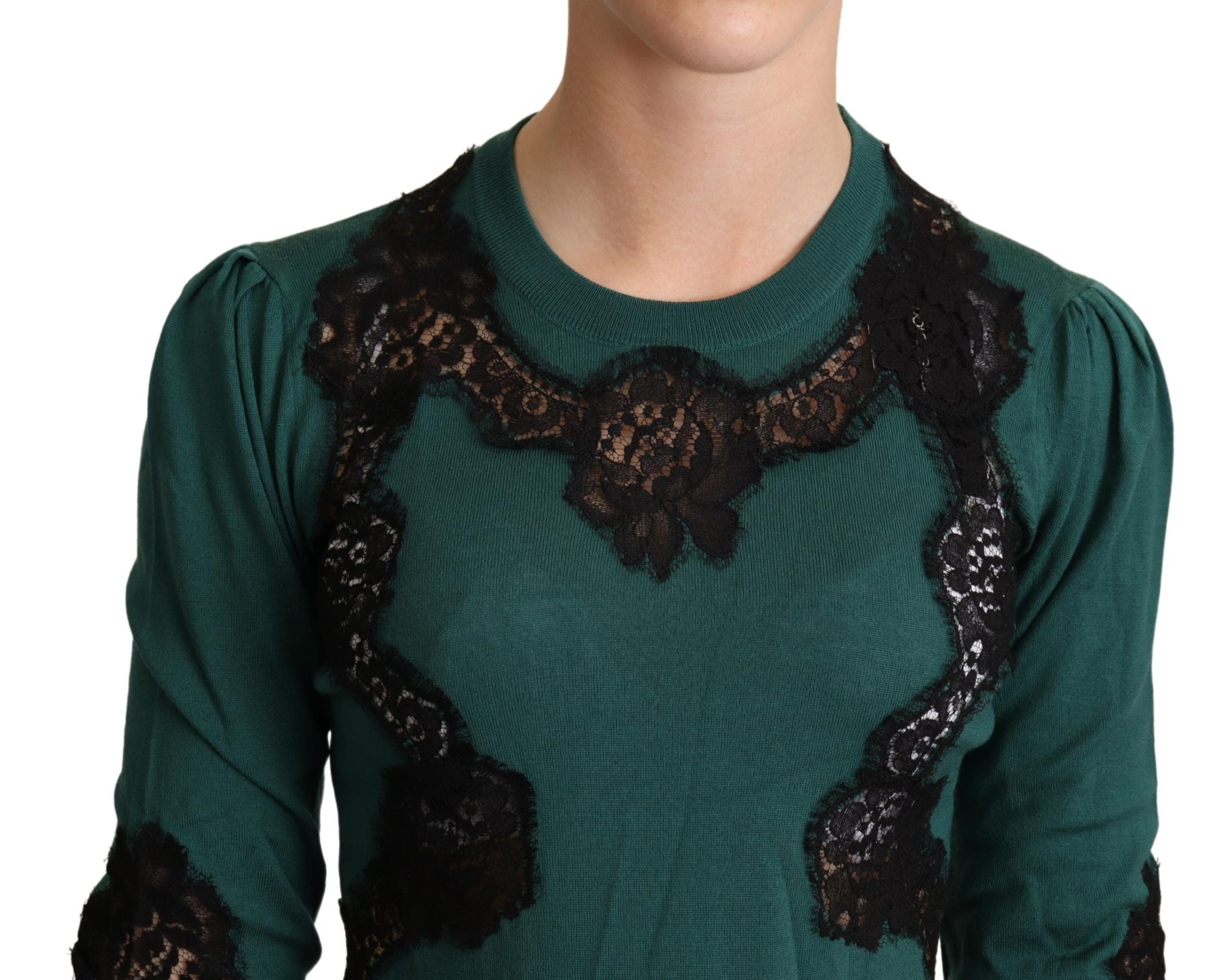 Elegant Green Pullover with Black Lace Detail - ventzia