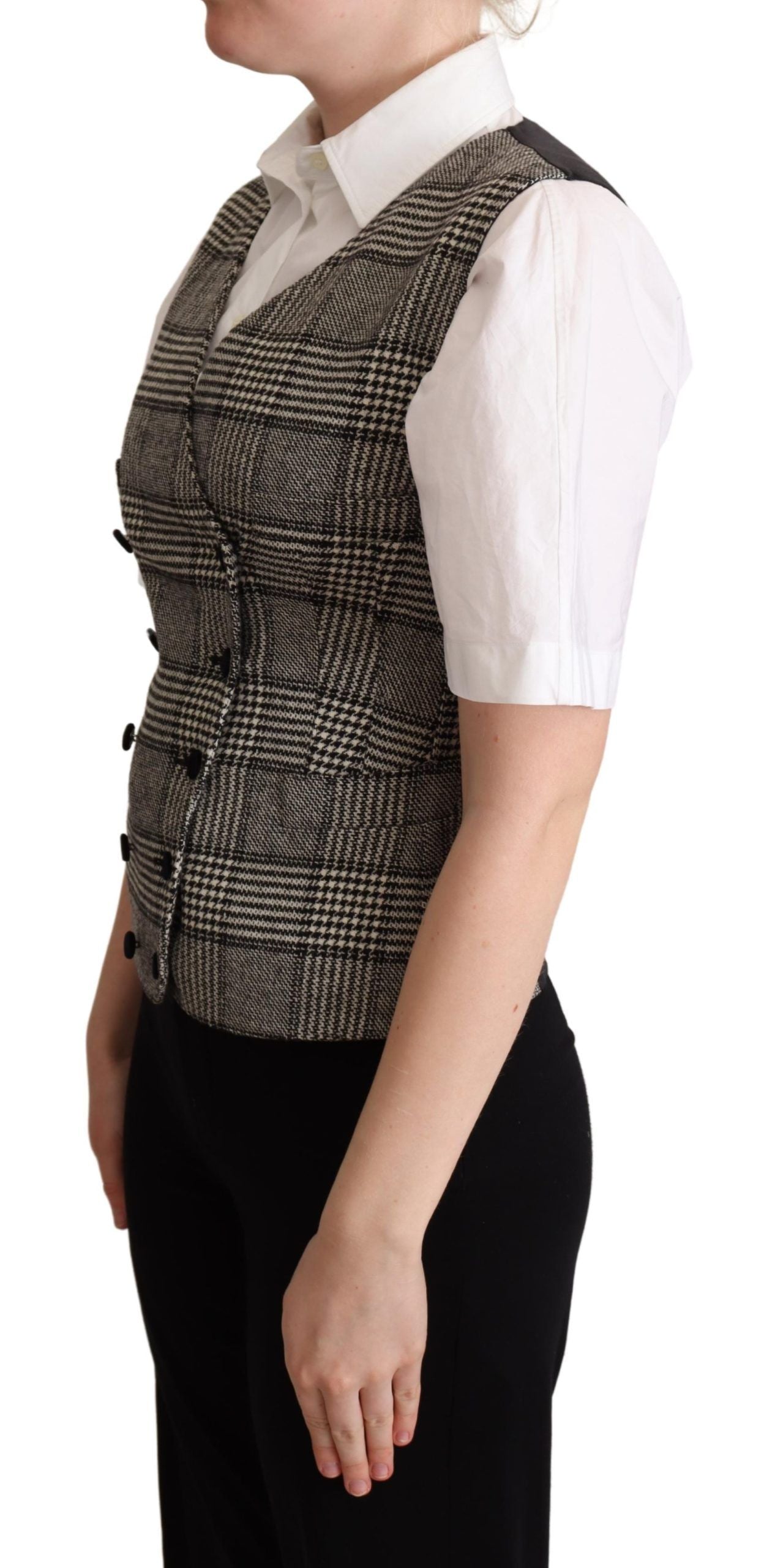 Elegant Checkered Gray Silk Blend Vest - ventzia
