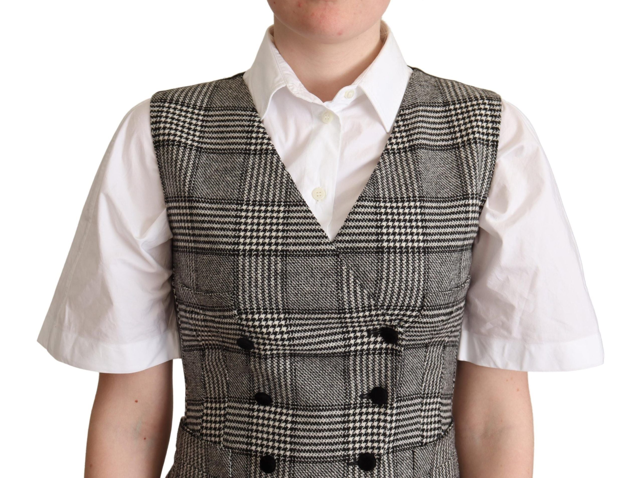 Elegant Checkered Gray Silk Blend Vest - ventzia