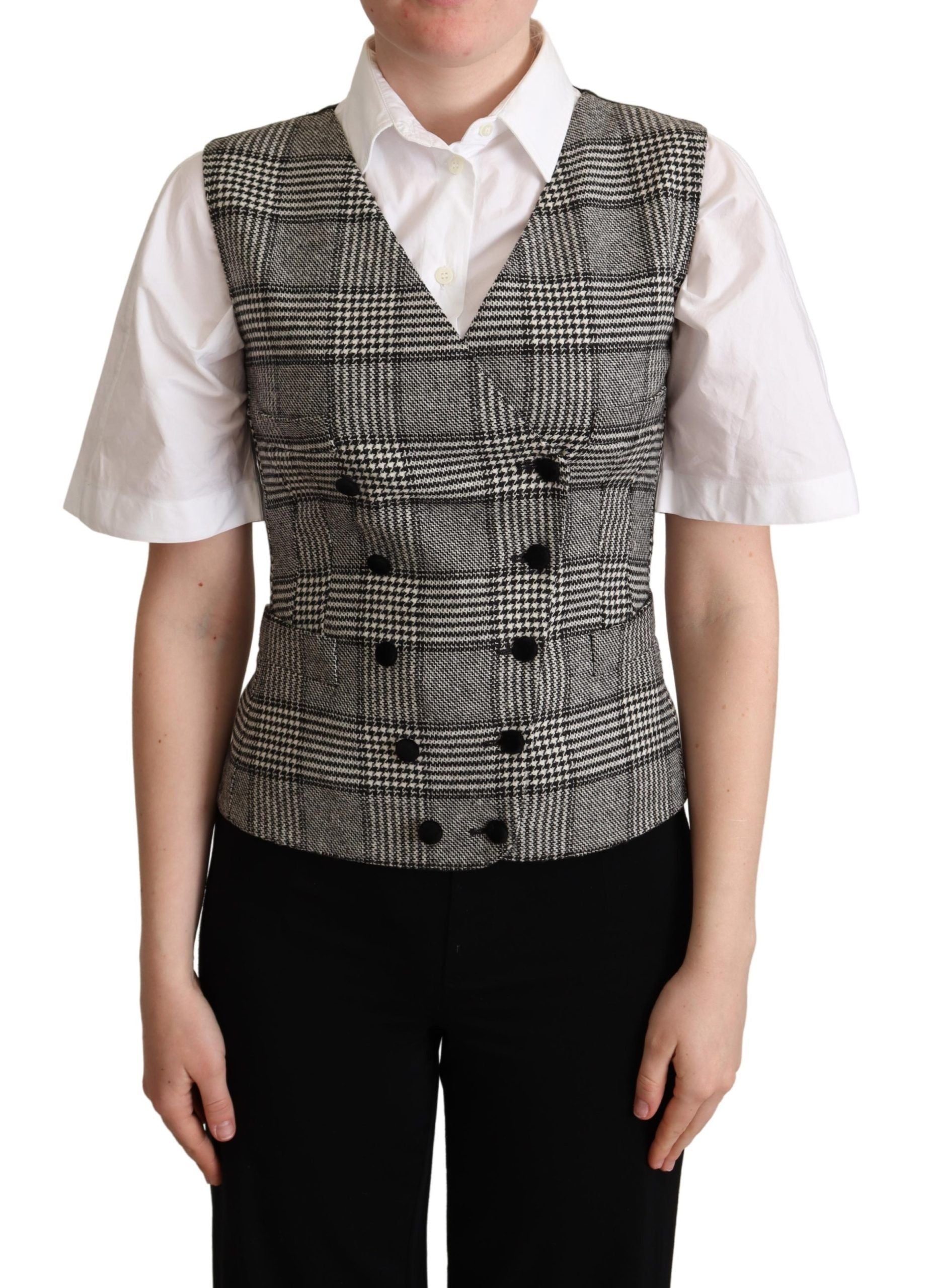 Elegant Checkered Gray Silk Blend Vest - ventzia