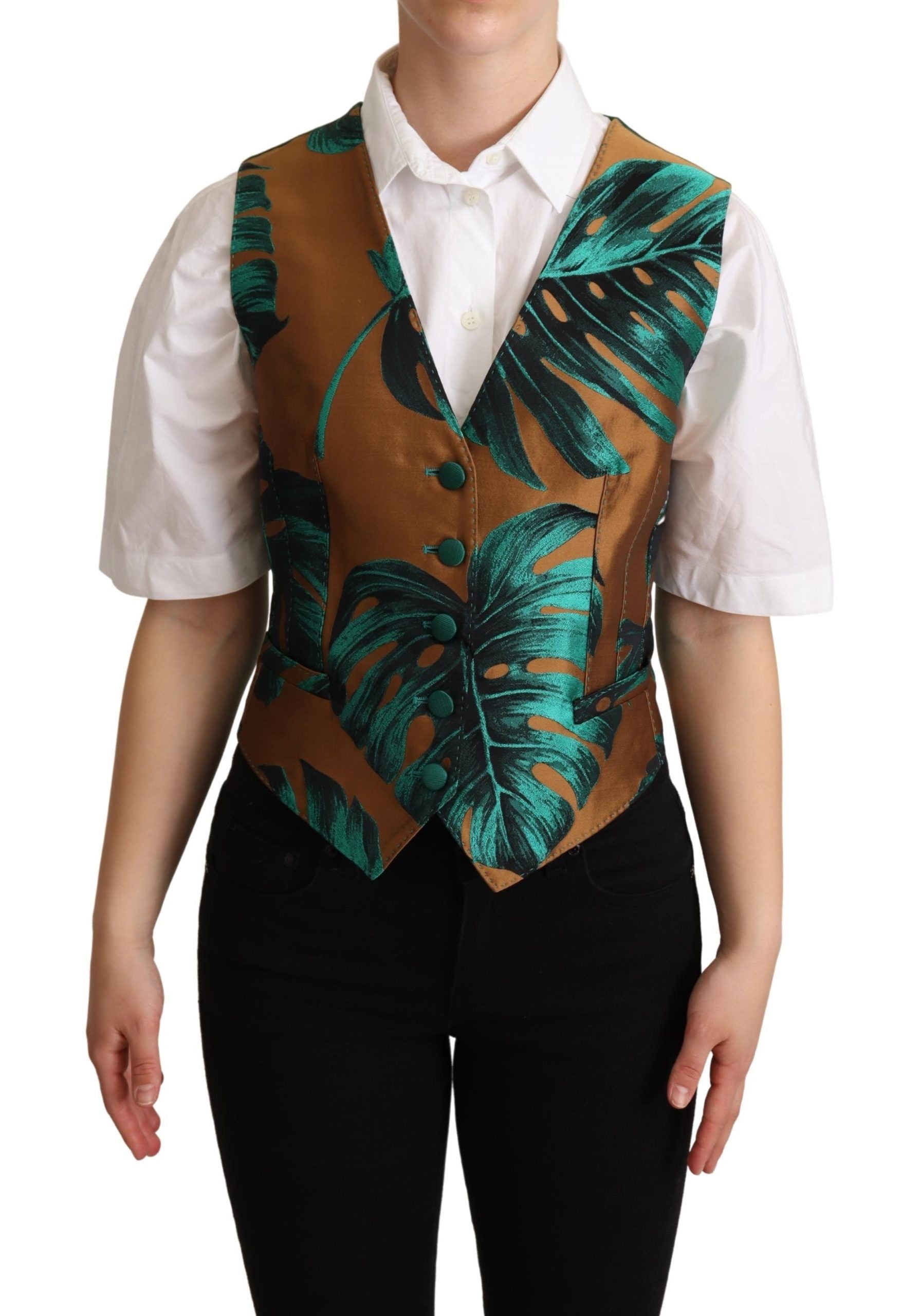 Elegant Green Leaf Print Waistcoat - ventzia