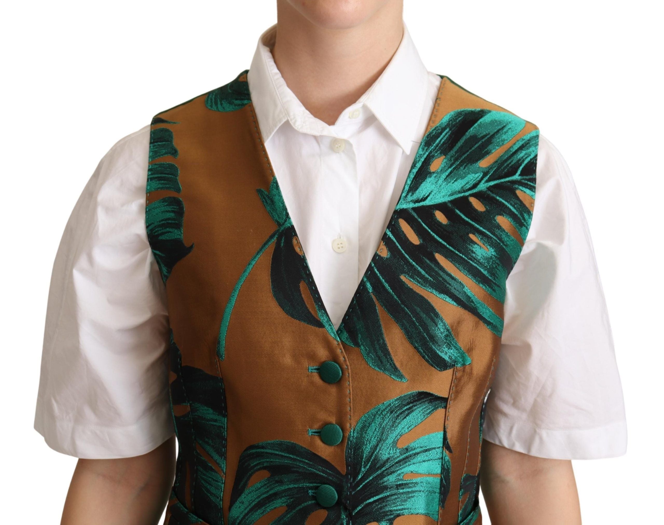 Elegant Green Leaf Print Waistcoat - ventzia